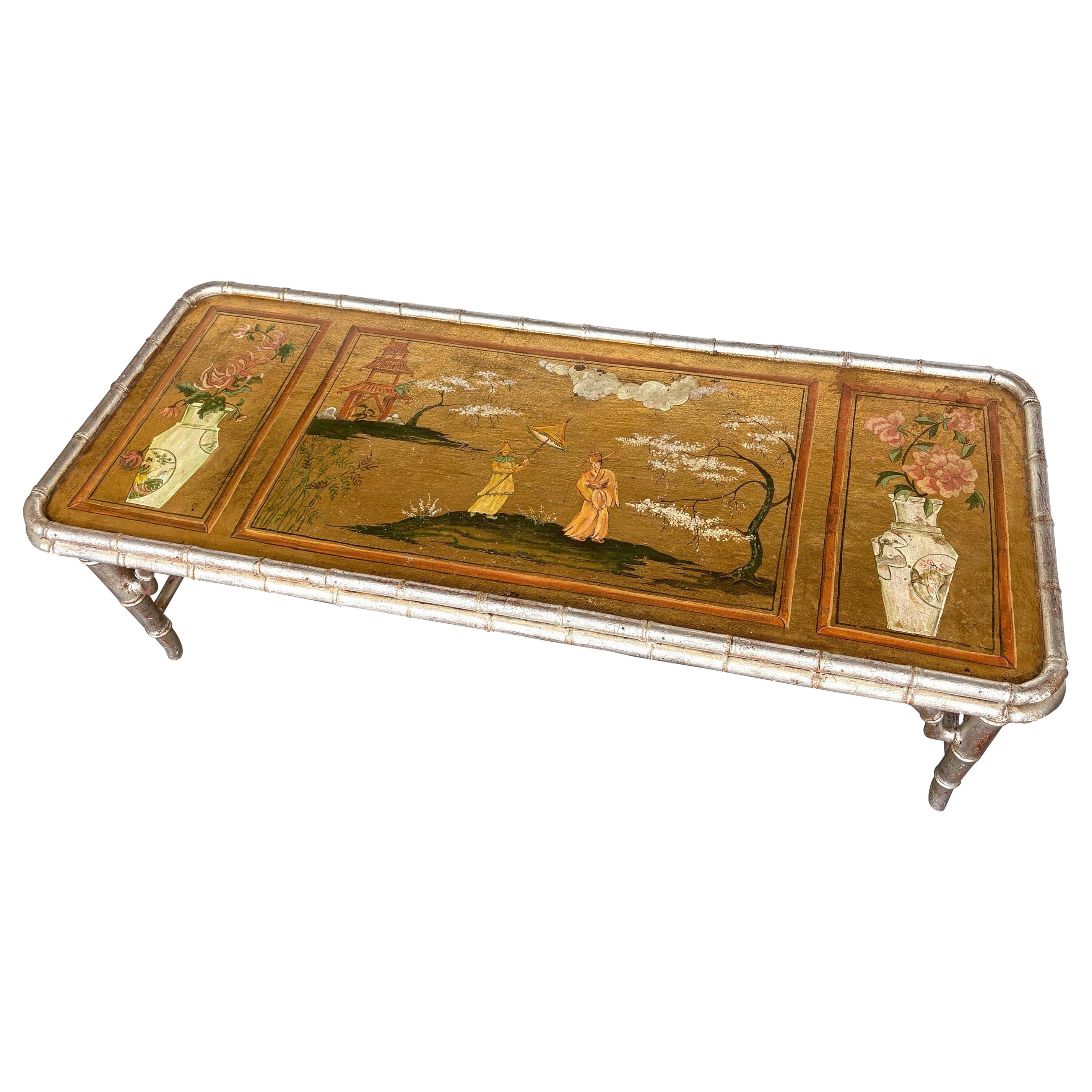 Mid Century Faux Bamboo Coffee Table with Chinoiserie Top