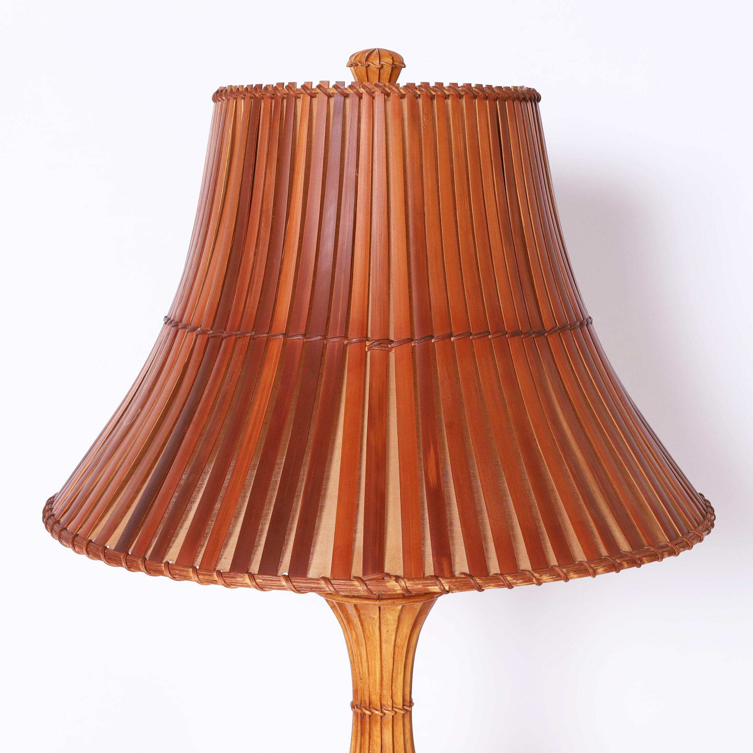 Philippine Mid Century Faux Bamboo Floor lamp with a Bamboo Shade For Sale