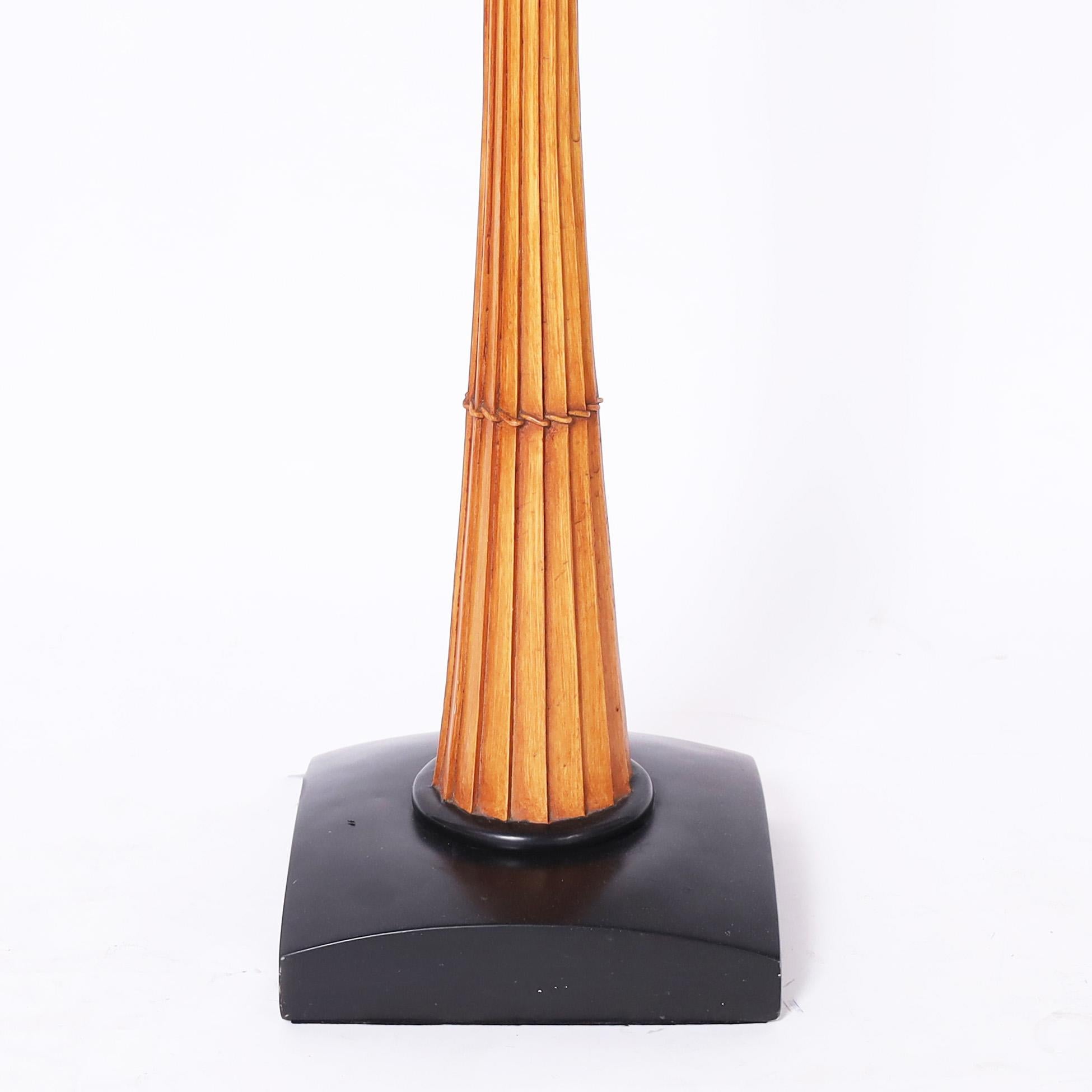 Mid Century Faux Bamboo Floor lamp with a Bamboo Shade In Good Condition For Sale In Palm Beach, FL
