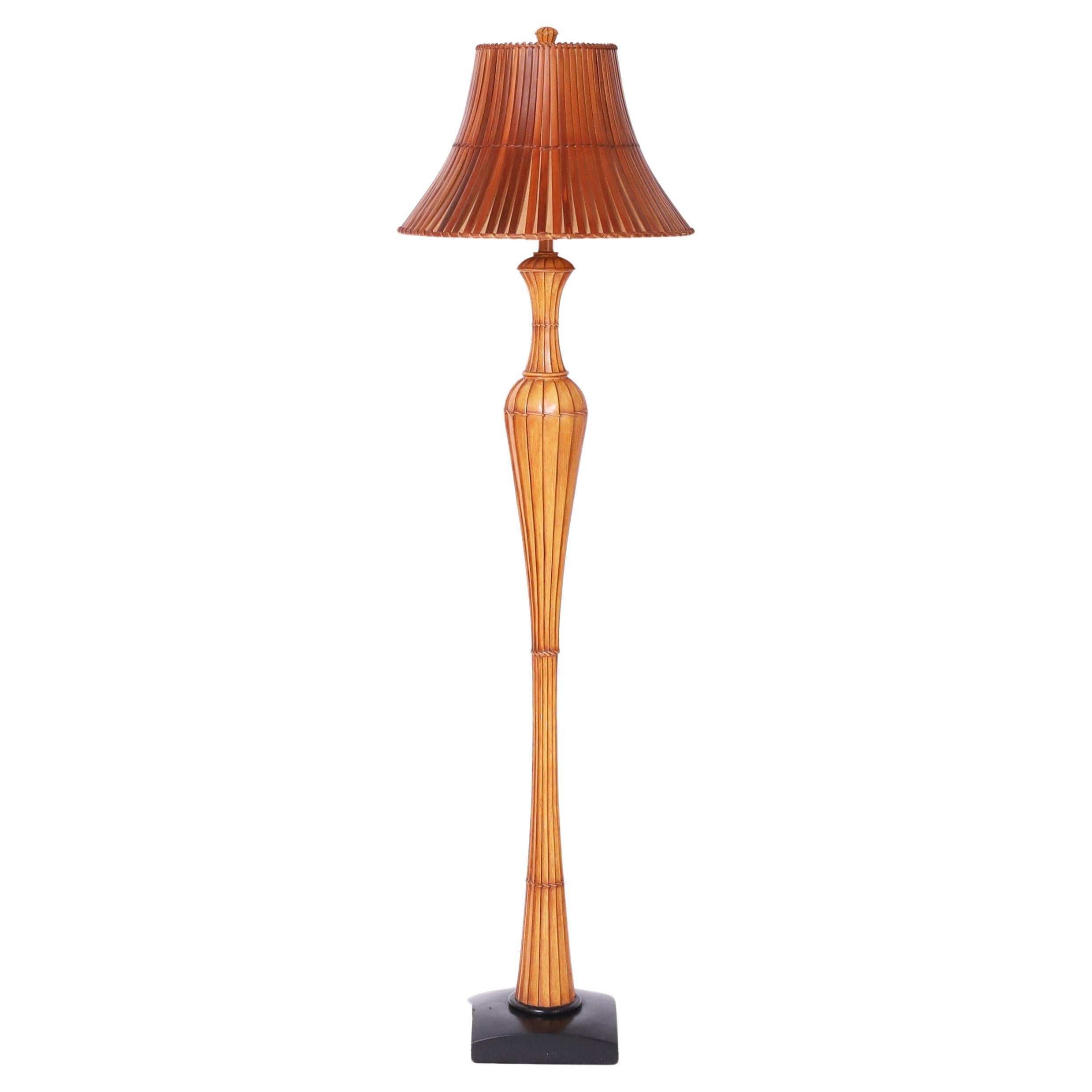Mid Century Faux Bamboo Floor lamp with a Bamboo Shade For Sale