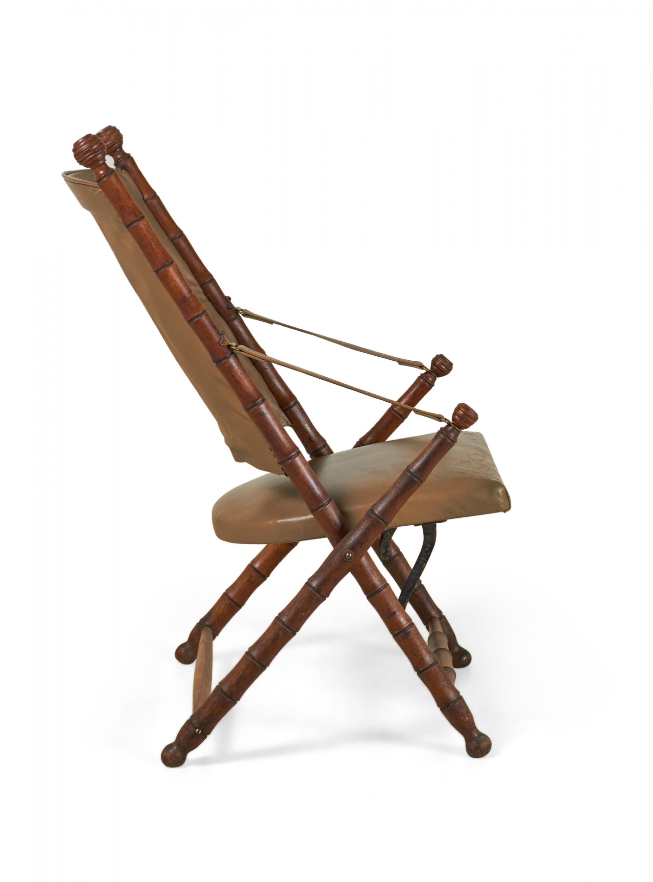 Mid-Century Faux Bamboo Folding Leather Sling Chair In Good Condition For Sale In Queens, NY