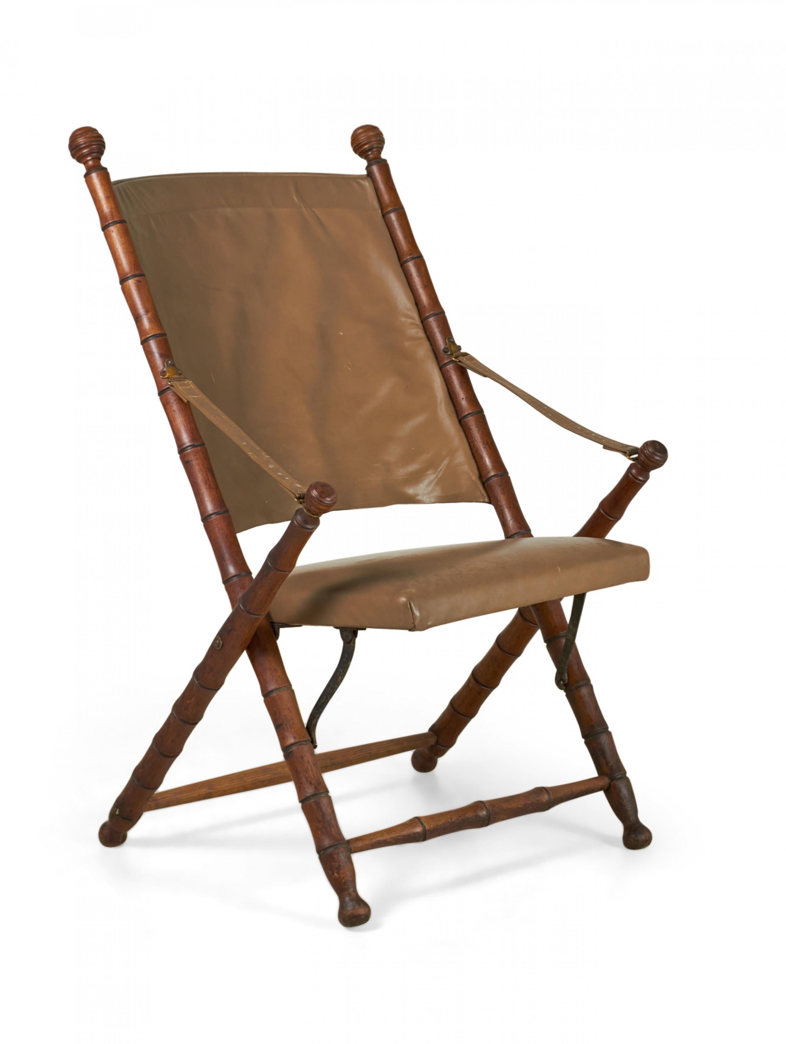 20th Century Mid-Century Faux Bamboo Folding Leather Sling Chair For Sale