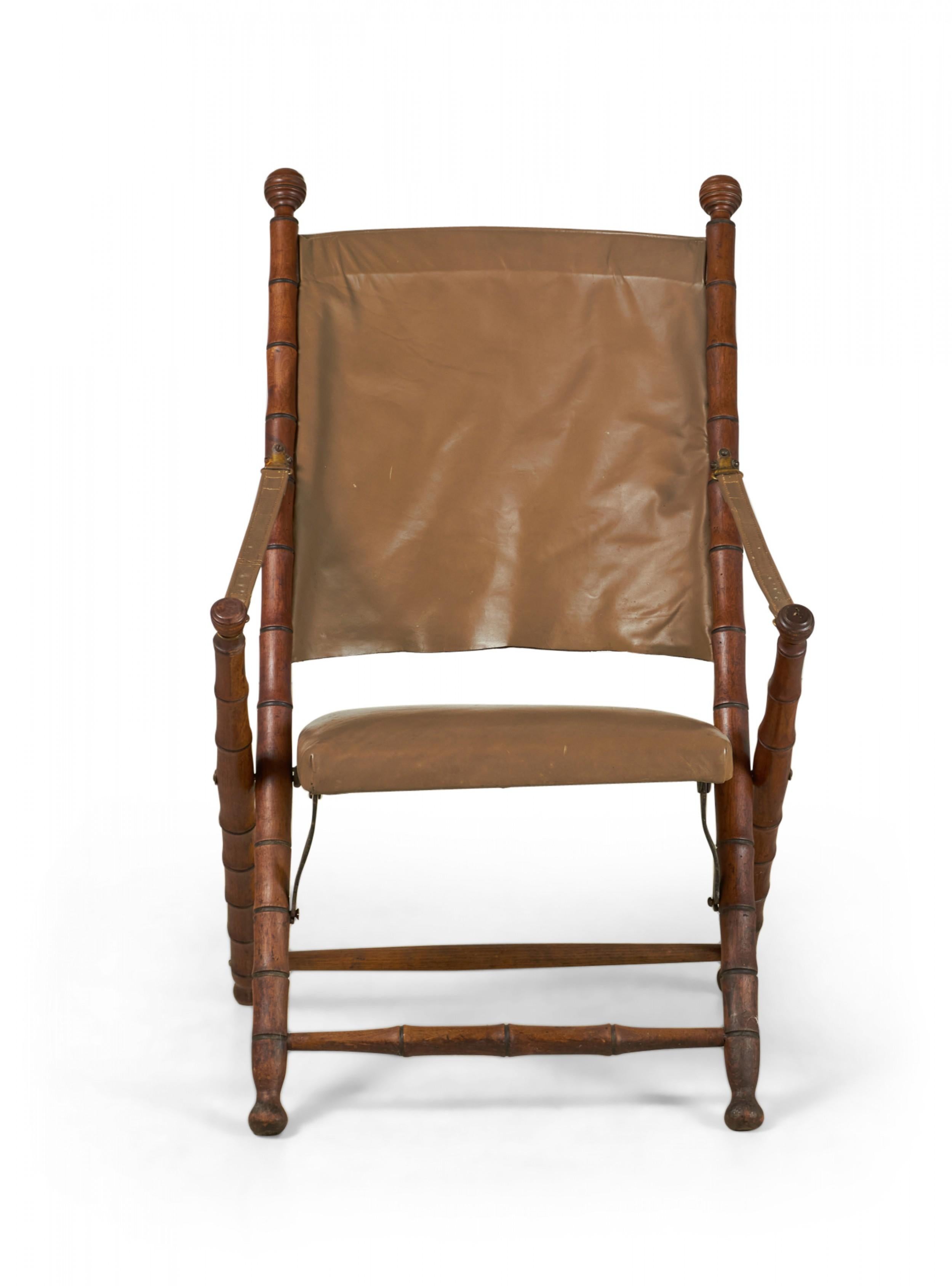 Mid-Century Faux Bamboo Folding Leather Sling Chair For Sale 1