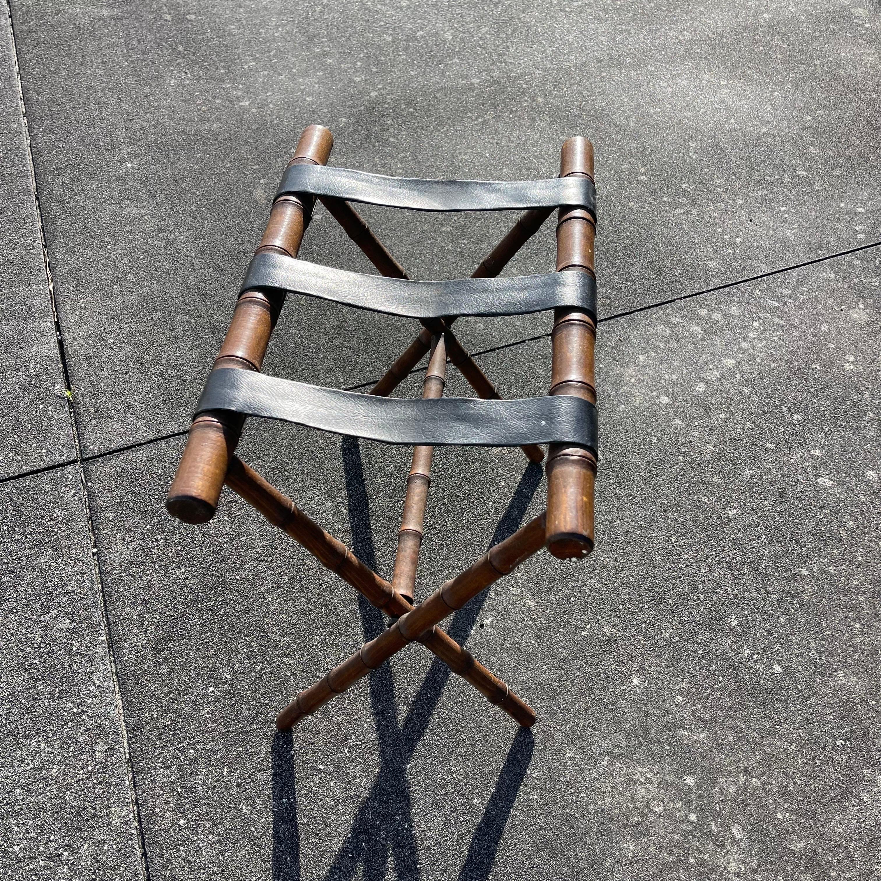 Wood Mid-Century Faux Bamboo Folding Luggage Rack Stand For Sale