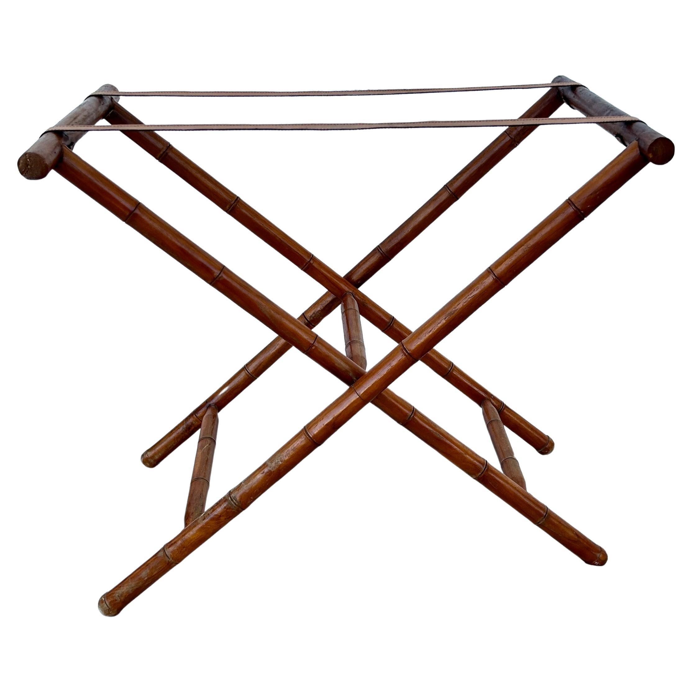 Mid-Century Faux Bamboo Folding Tray Table with Leather Insert For Sale 4