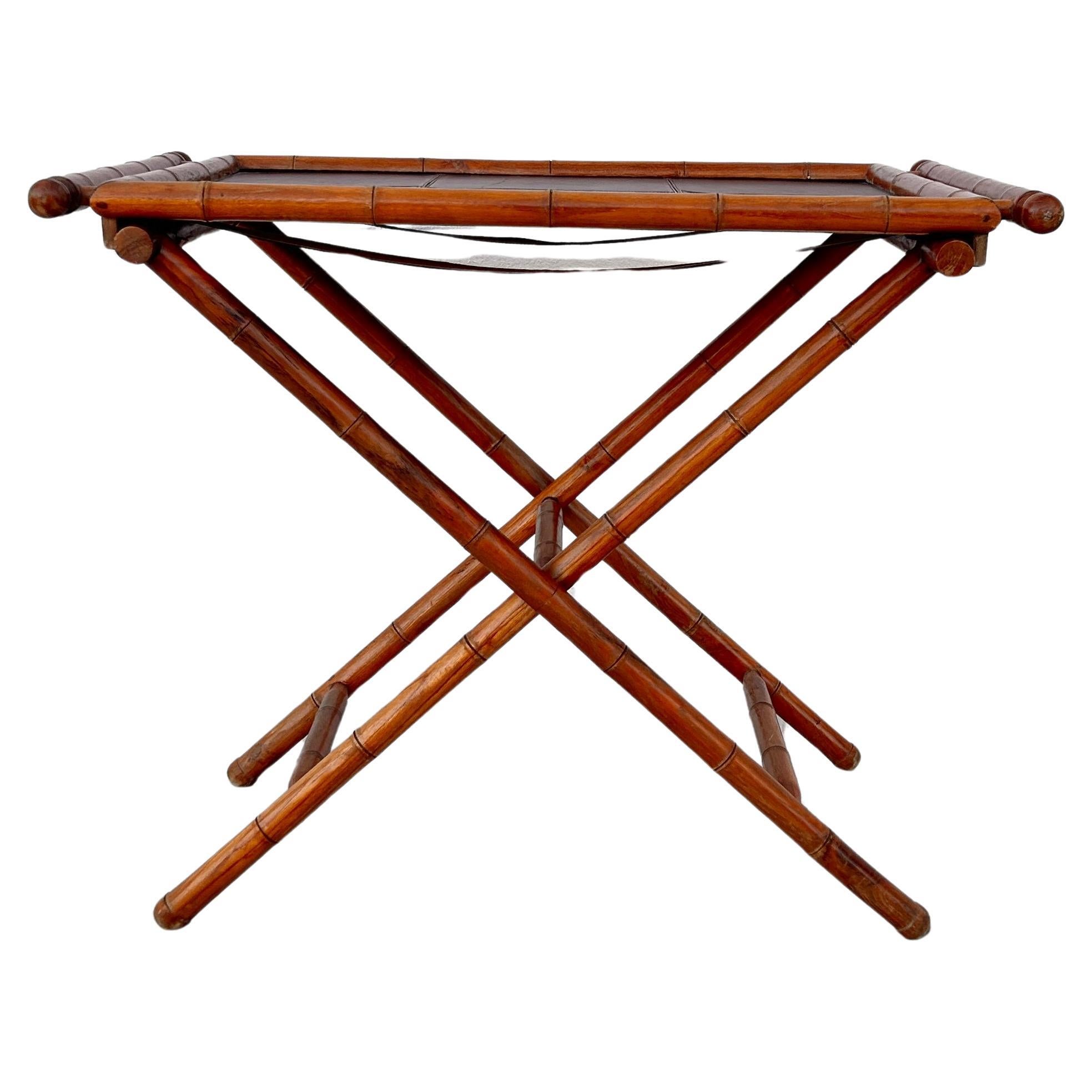 Mid-Century Faux Bamboo Folding Tray Table with Leather Insert For Sale 5