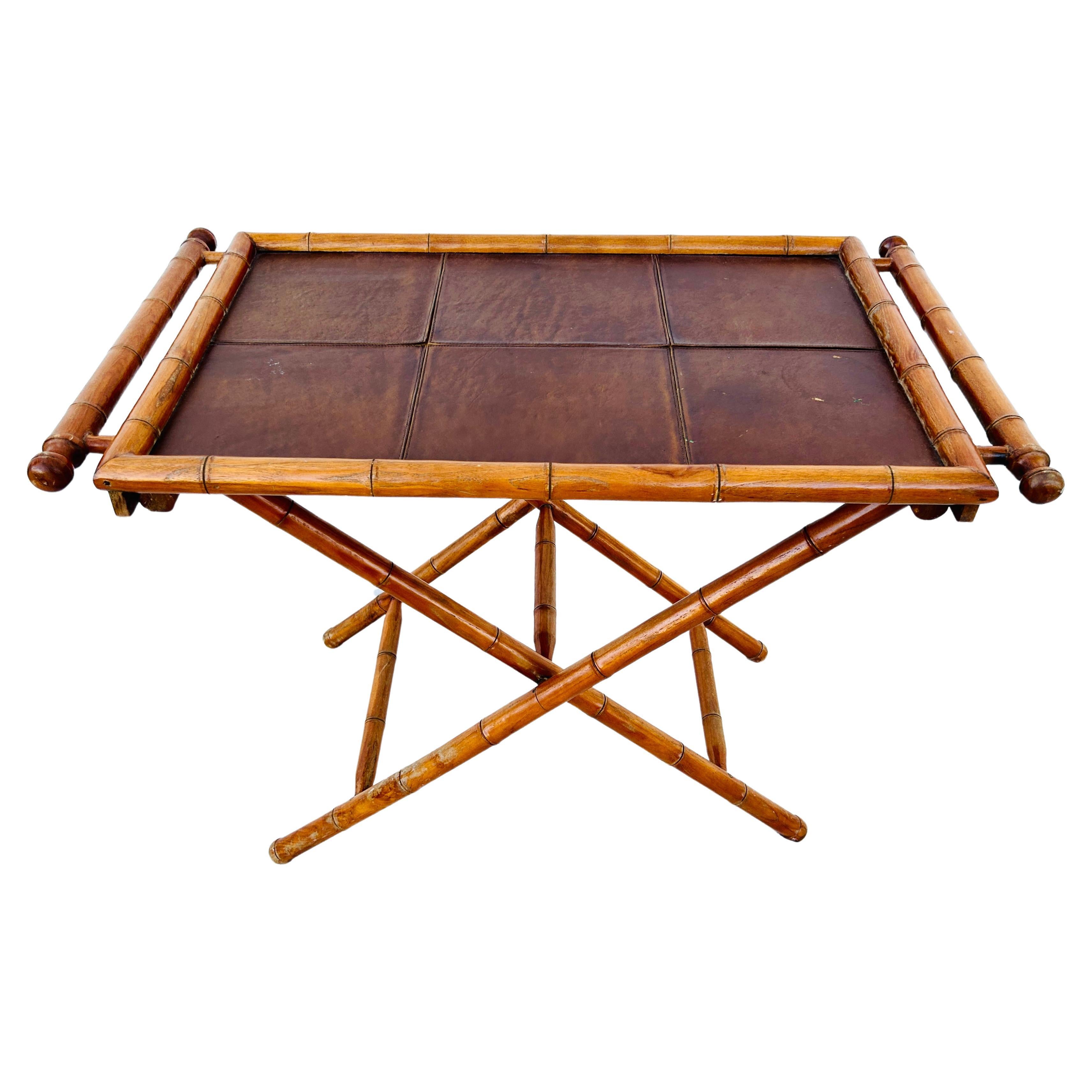 Mid-Century Faux Bamboo Folding Tray Table with Leather Insert For Sale 6