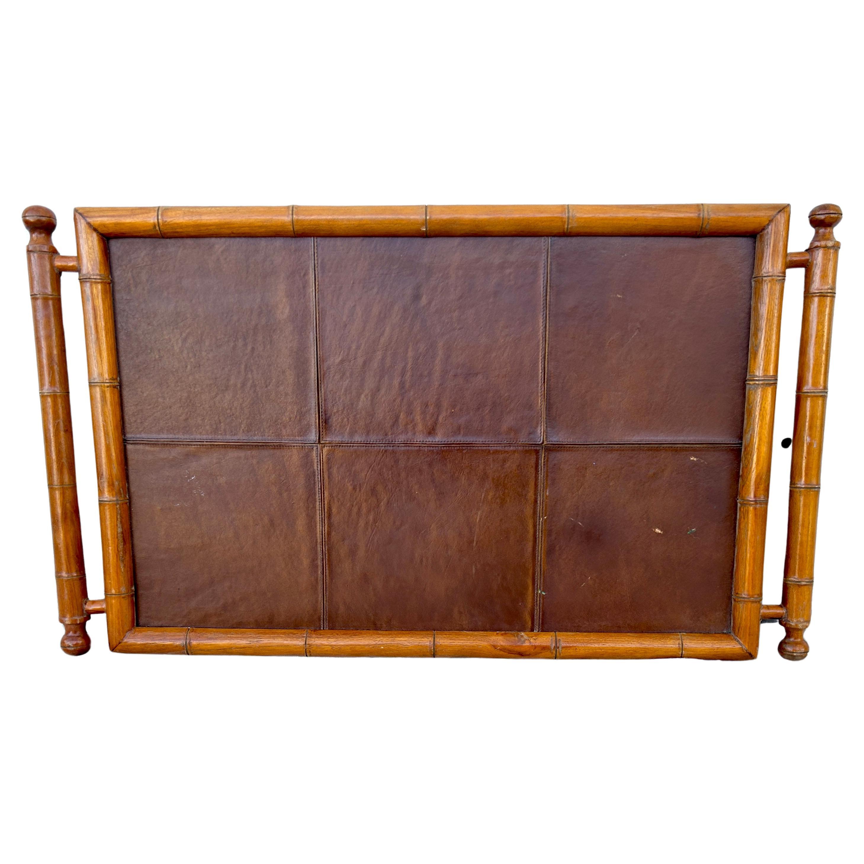 Mid-Century Modern Mid-Century Faux Bamboo Folding Tray Table with Leather Insert For Sale