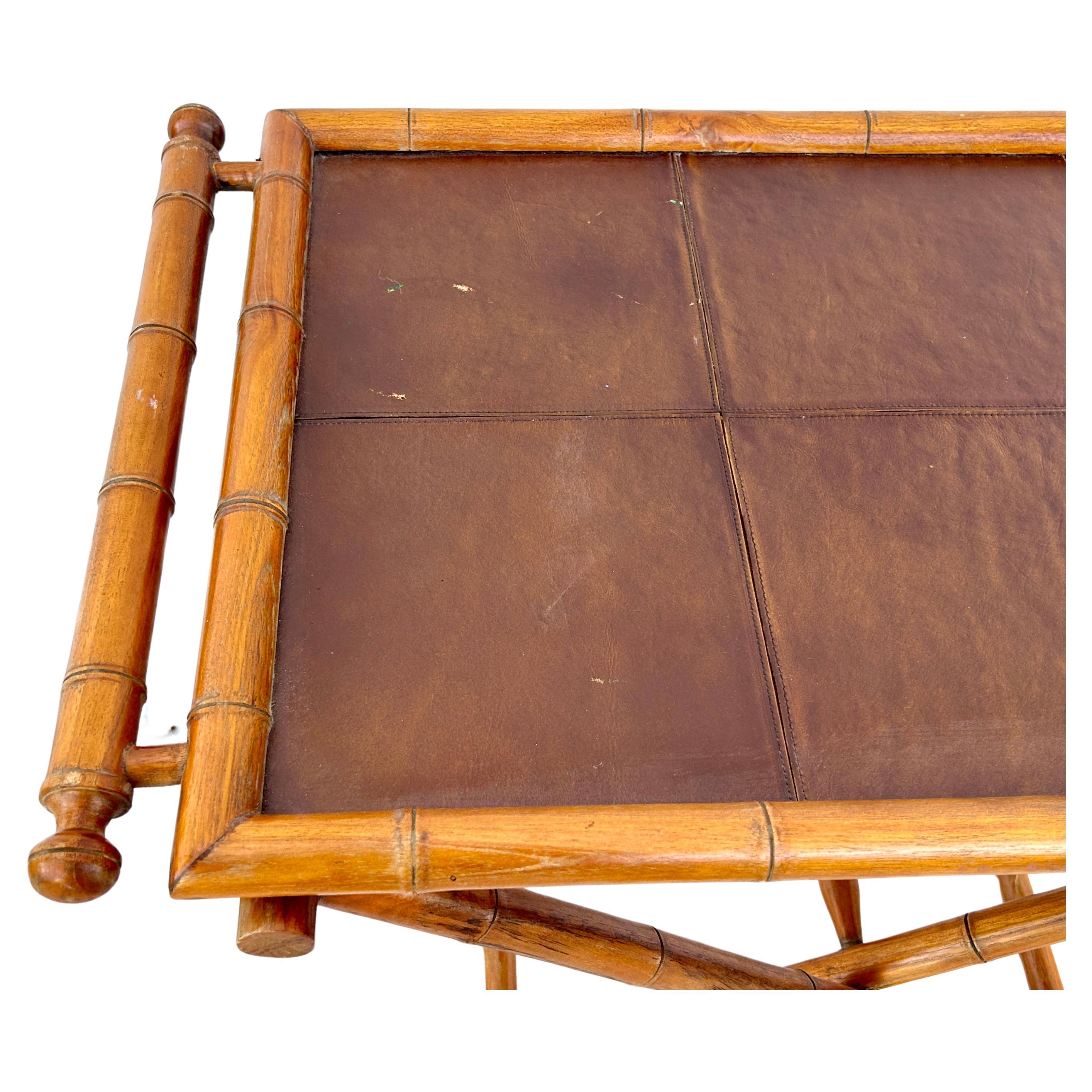 Philippine Mid-Century Faux Bamboo Folding Tray Table with Leather Insert For Sale