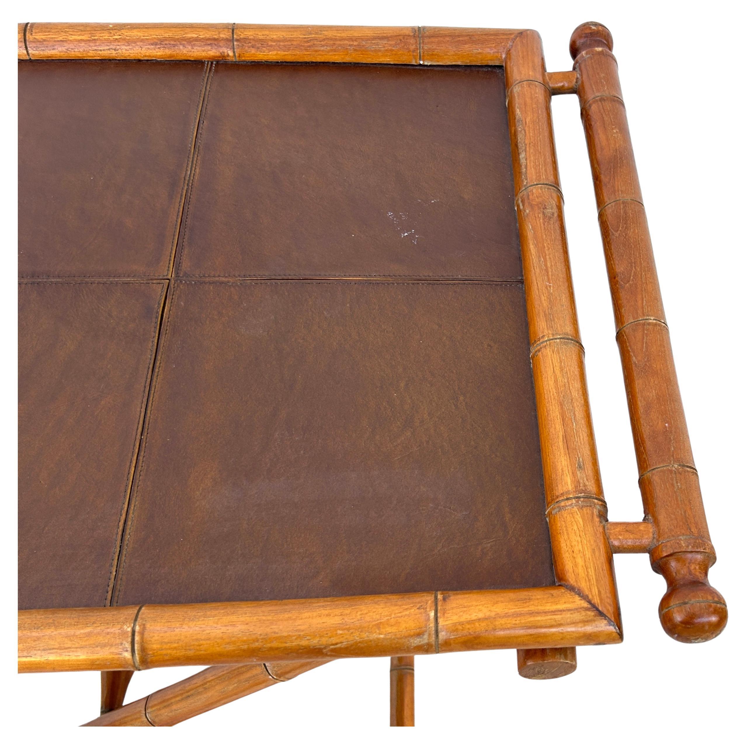 Mid-Century Faux Bamboo Folding Tray Table with Leather Insert In Good Condition For Sale In Bradenton, FL