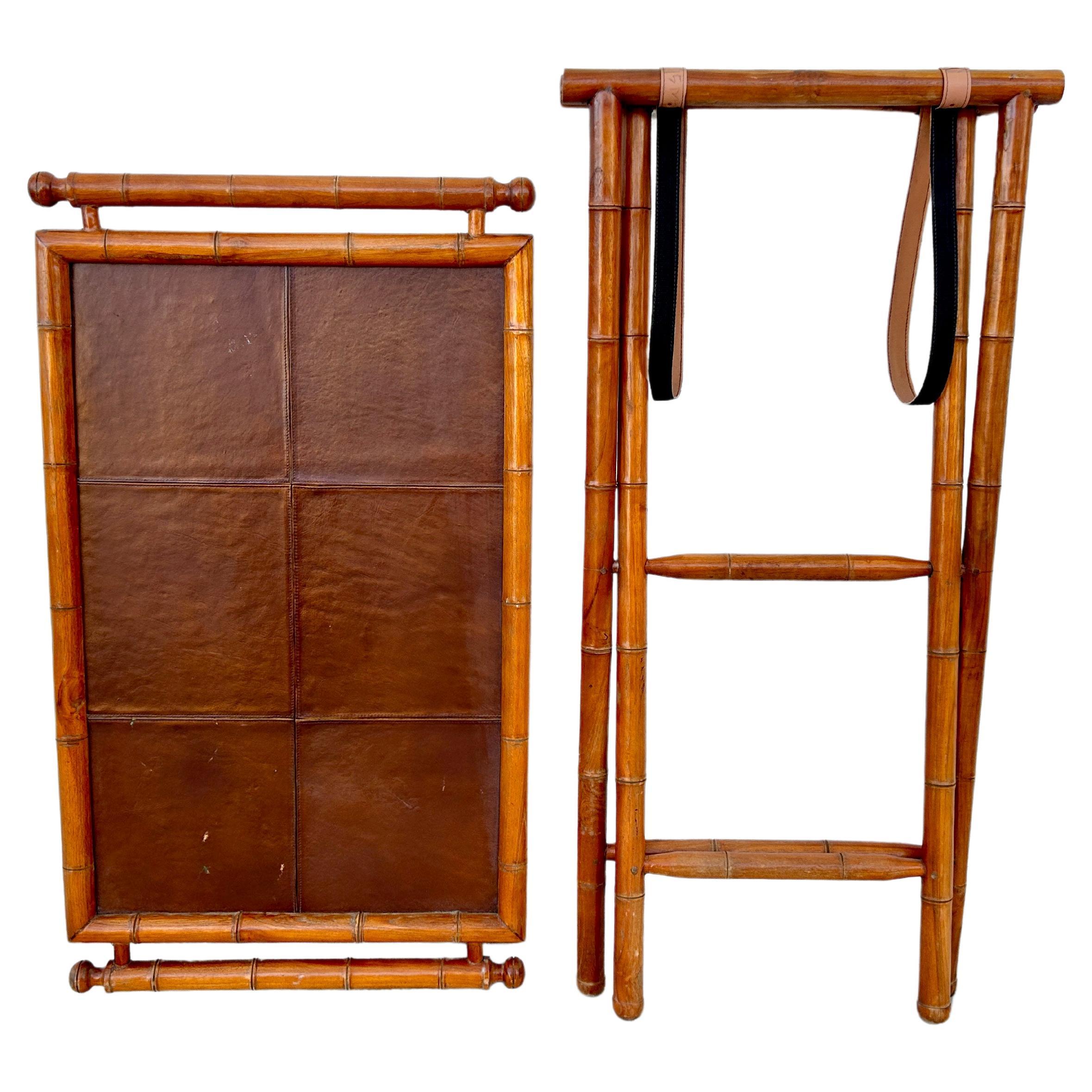 Mid-Century Faux Bamboo Folding Tray Table with Leather Insert For Sale 1