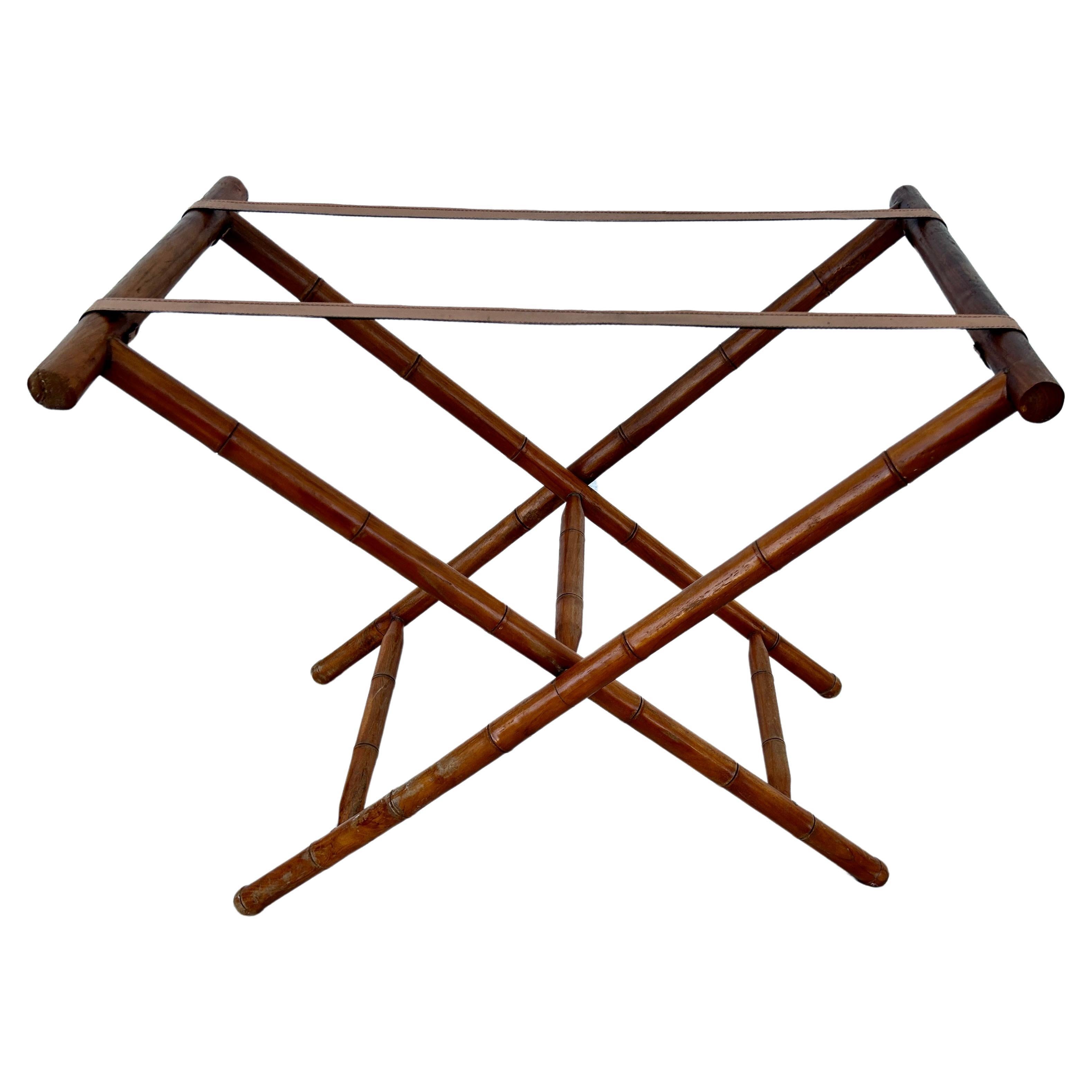 Mid-Century Faux Bamboo Folding Tray Table with Leather Insert For Sale 3