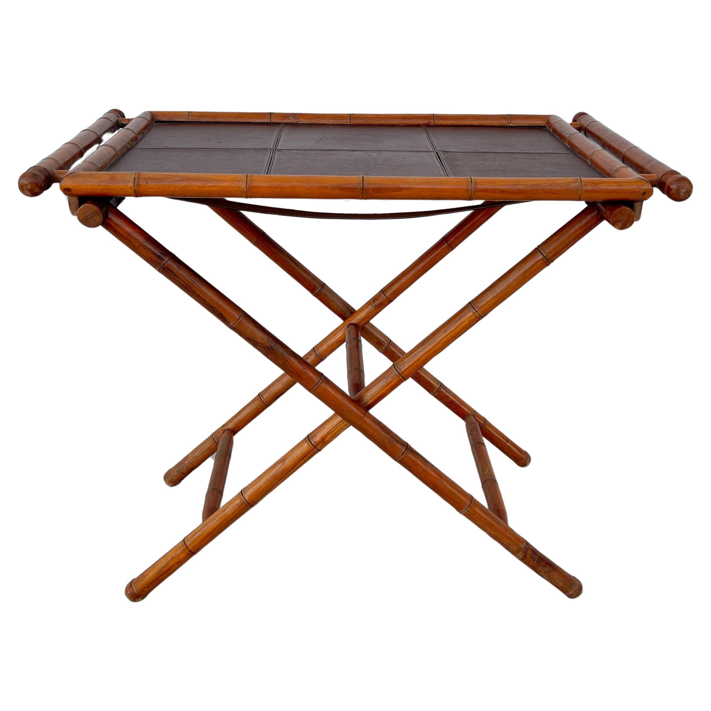 Mid-Century Faux Bamboo Folding Tray Table with Leather Insert For Sale