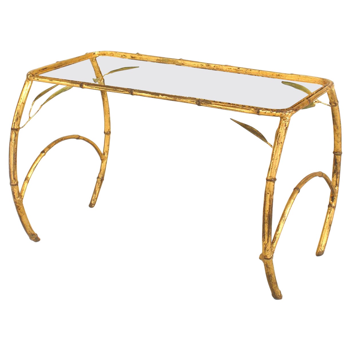 Mid-Century Faux Bamboo Gilt Metal and Glass Rectangular Coffee Table For Sale