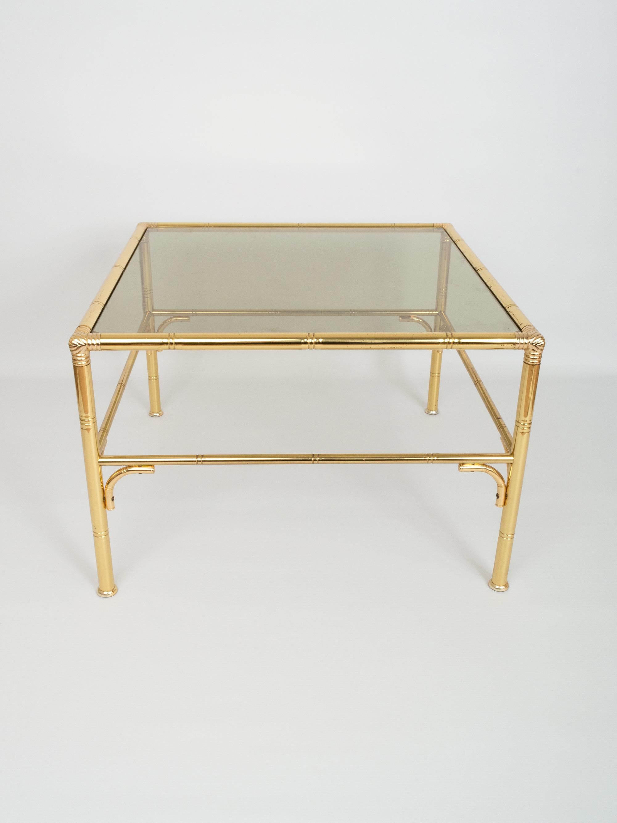 Midcentury faux bamboo gold brass and glass square coffee table, Italy, circa 1970.
Presented in very good vintage condition commensurate of age.