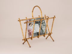 Mid Century Faux Bamboo Gold Iron Magazine Rack
