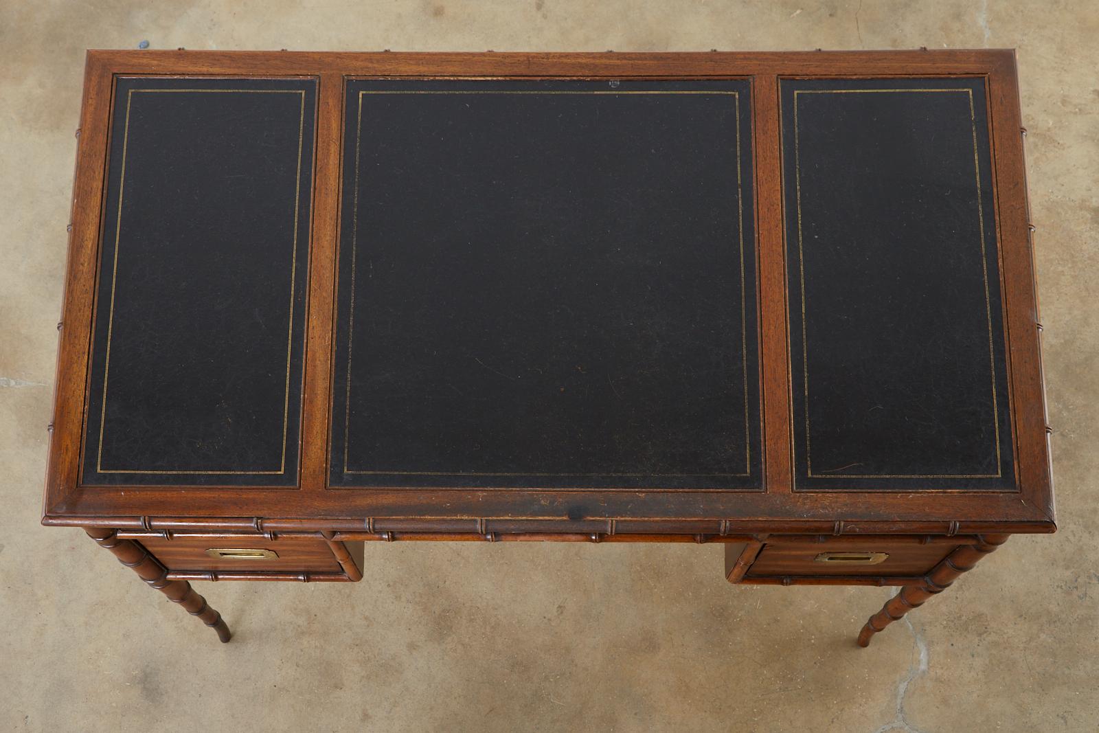 Hollywood Regency Midcentury Faux Bamboo Leather Top Writing Desk by Drexel