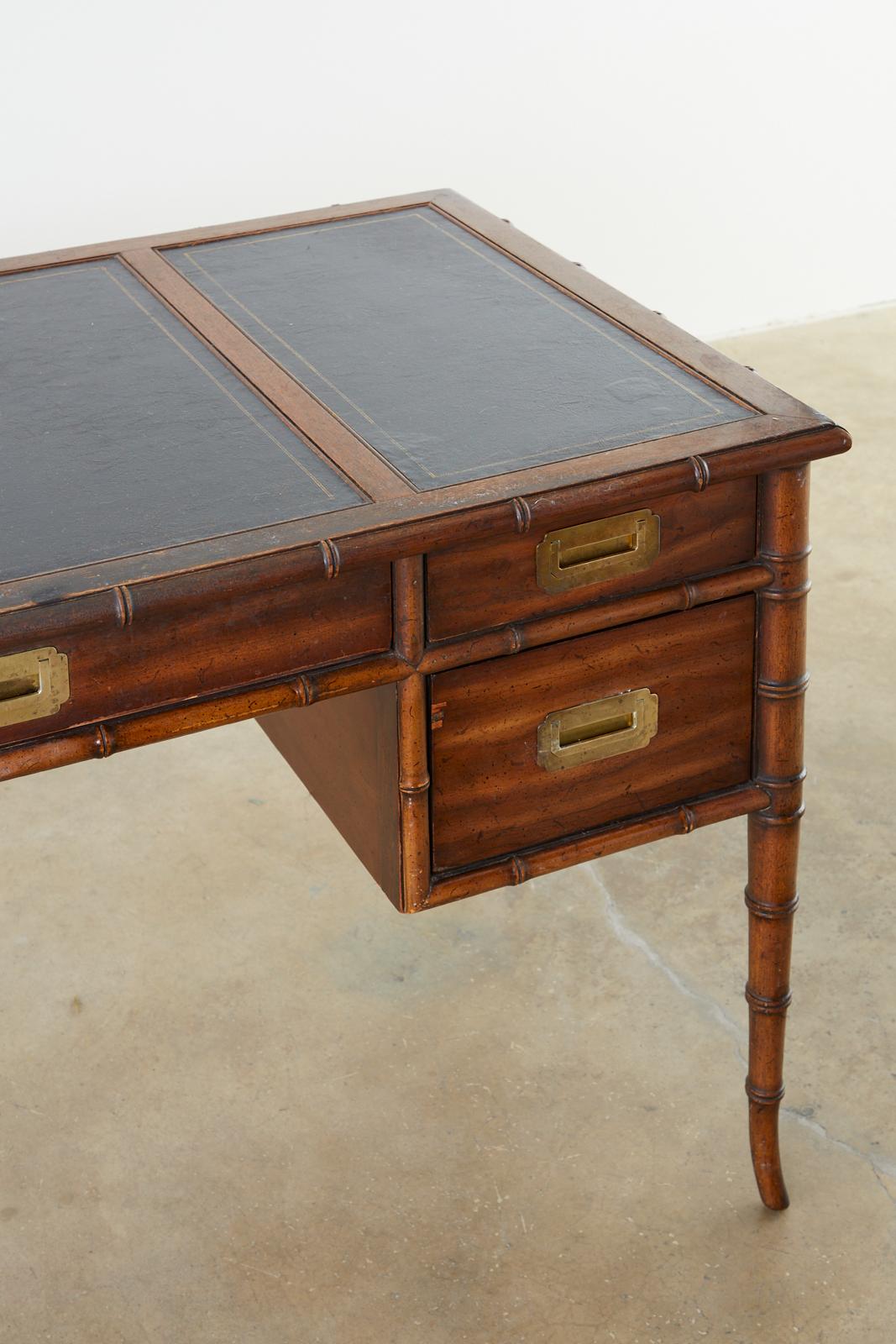 American Midcentury Faux Bamboo Leather Top Writing Desk by Drexel