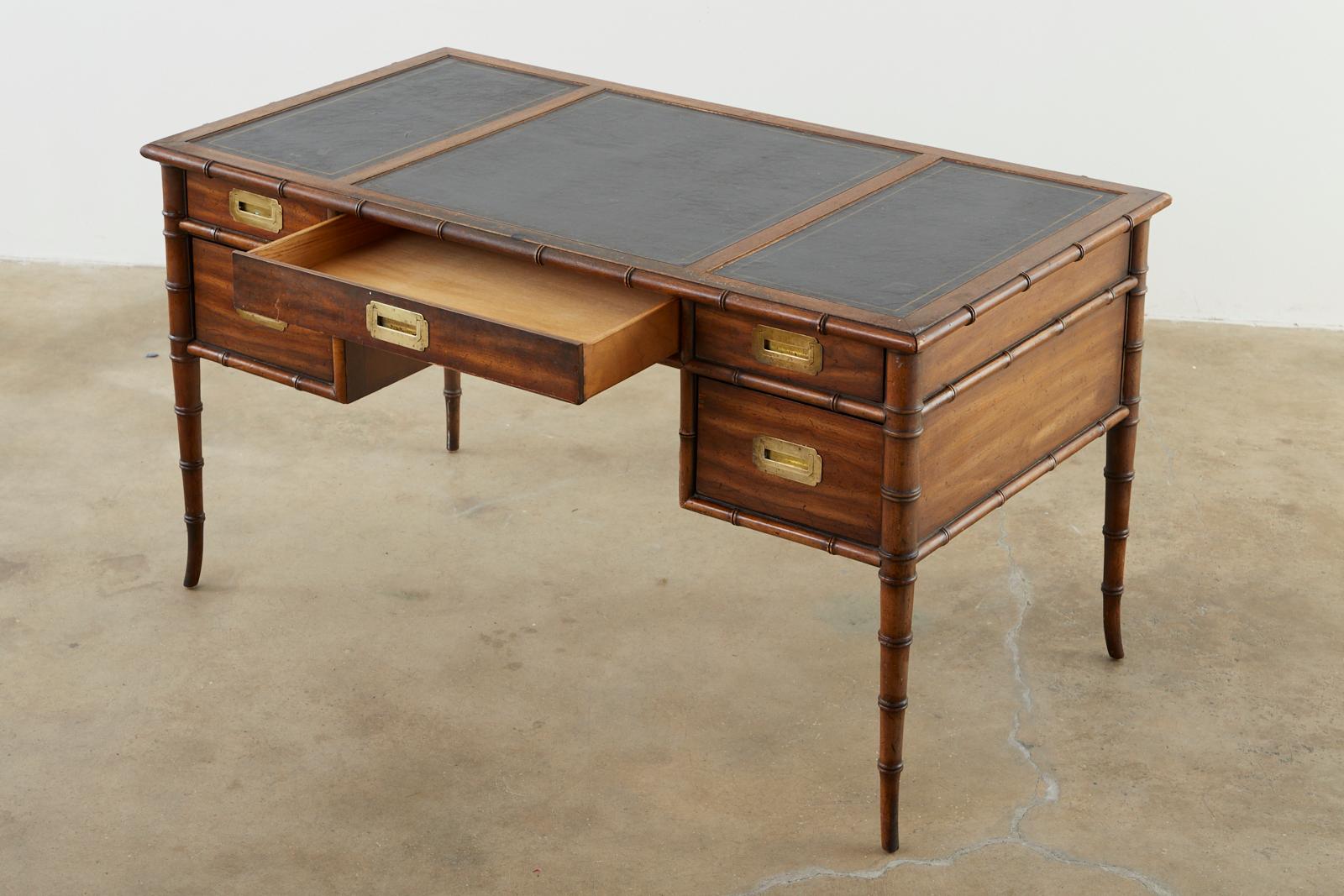 Hand-Crafted Midcentury Faux Bamboo Leather Top Writing Desk by Drexel