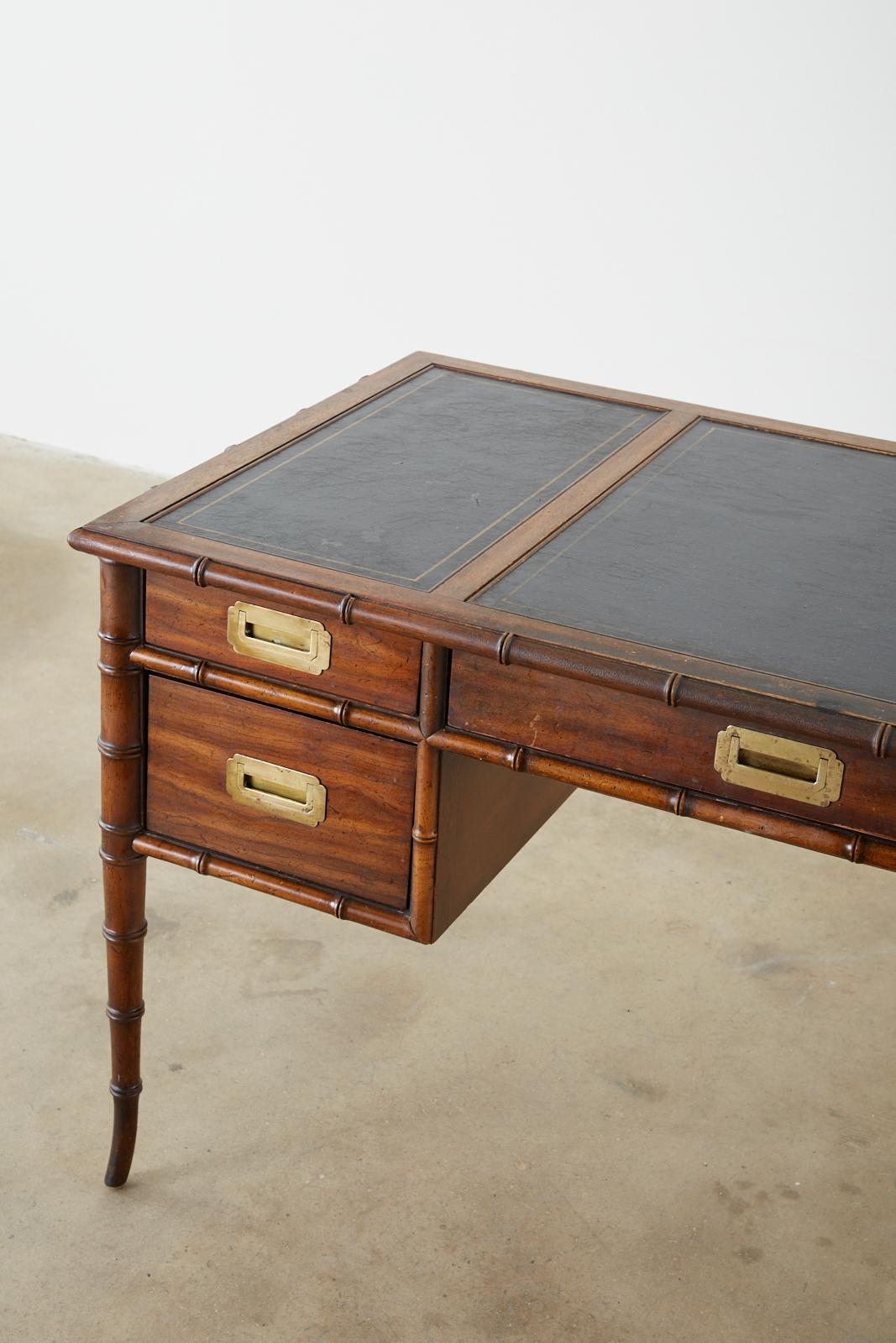 Midcentury Faux Bamboo Leather Top Writing Desk by Drexel In Good Condition In Rio Vista, CA