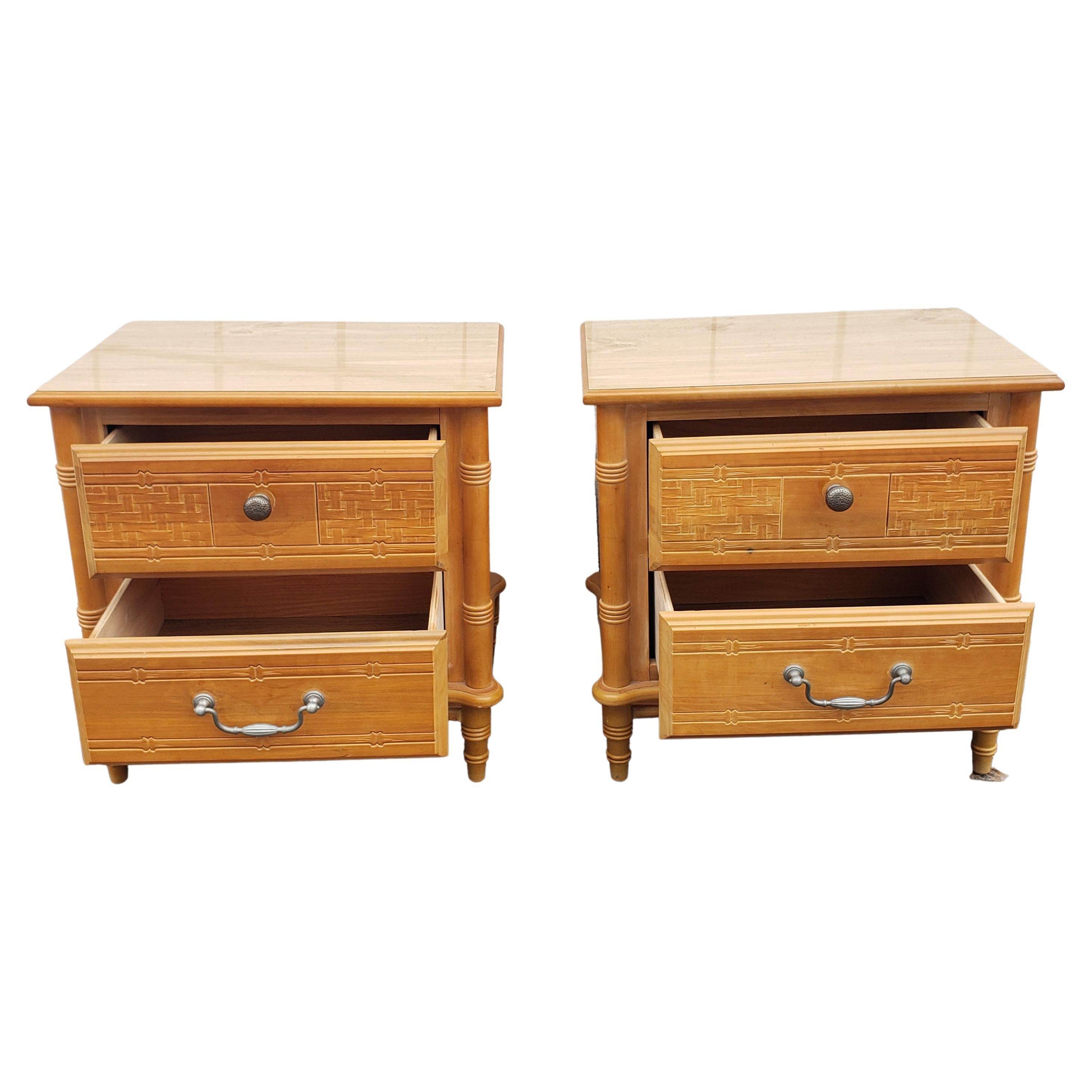 American Mid Century Faux Bamboo Maple Nightstands, a Pair For Sale