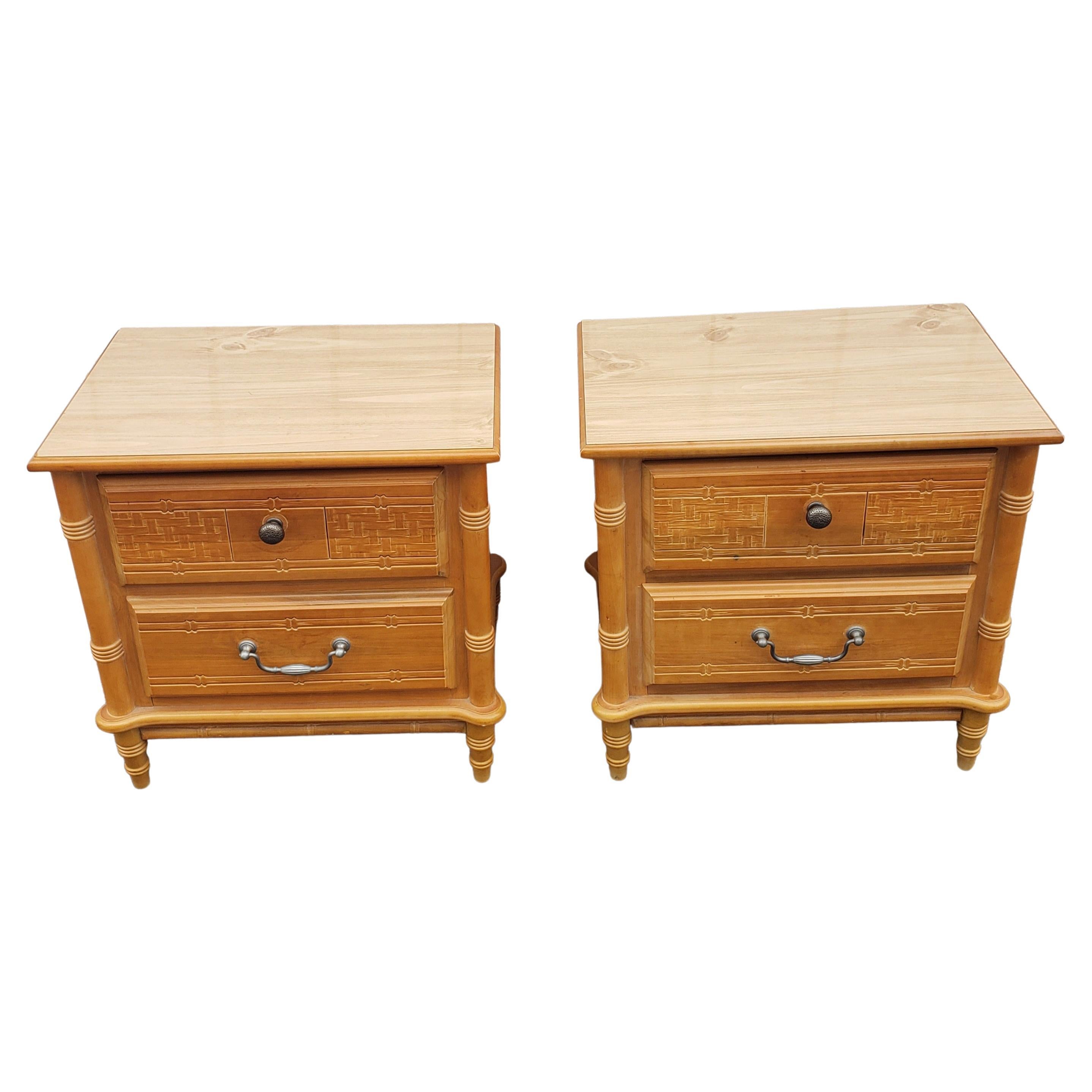 Woodwork Mid Century Faux Bamboo Maple Nightstands, a Pair For Sale