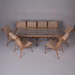 Mid Century Faux Bamboo Metal and Glass Table With Eight Chairs