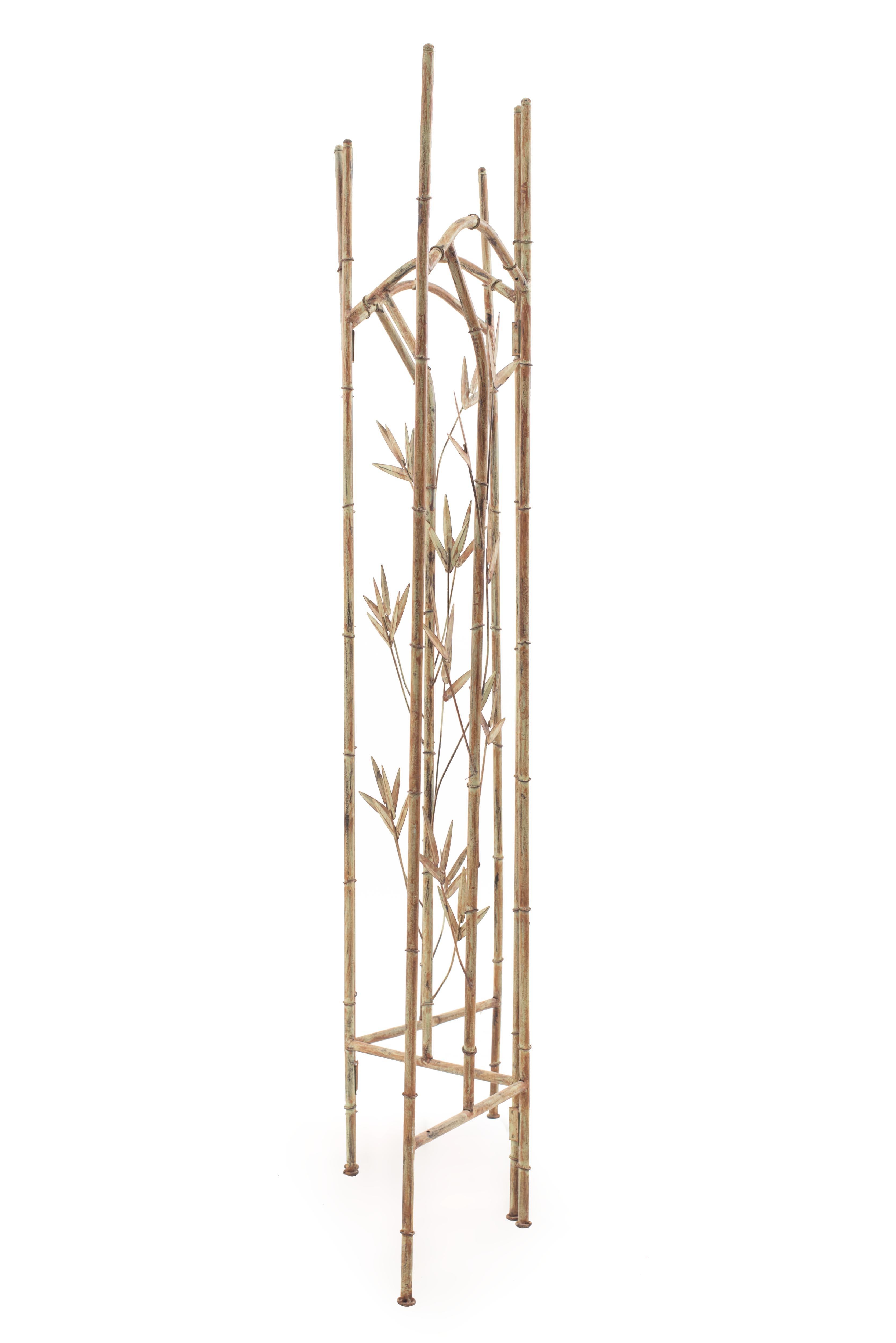 Mid-century faux bamboo metal screen with three panels have a leaf design with a faux painted patina.
 