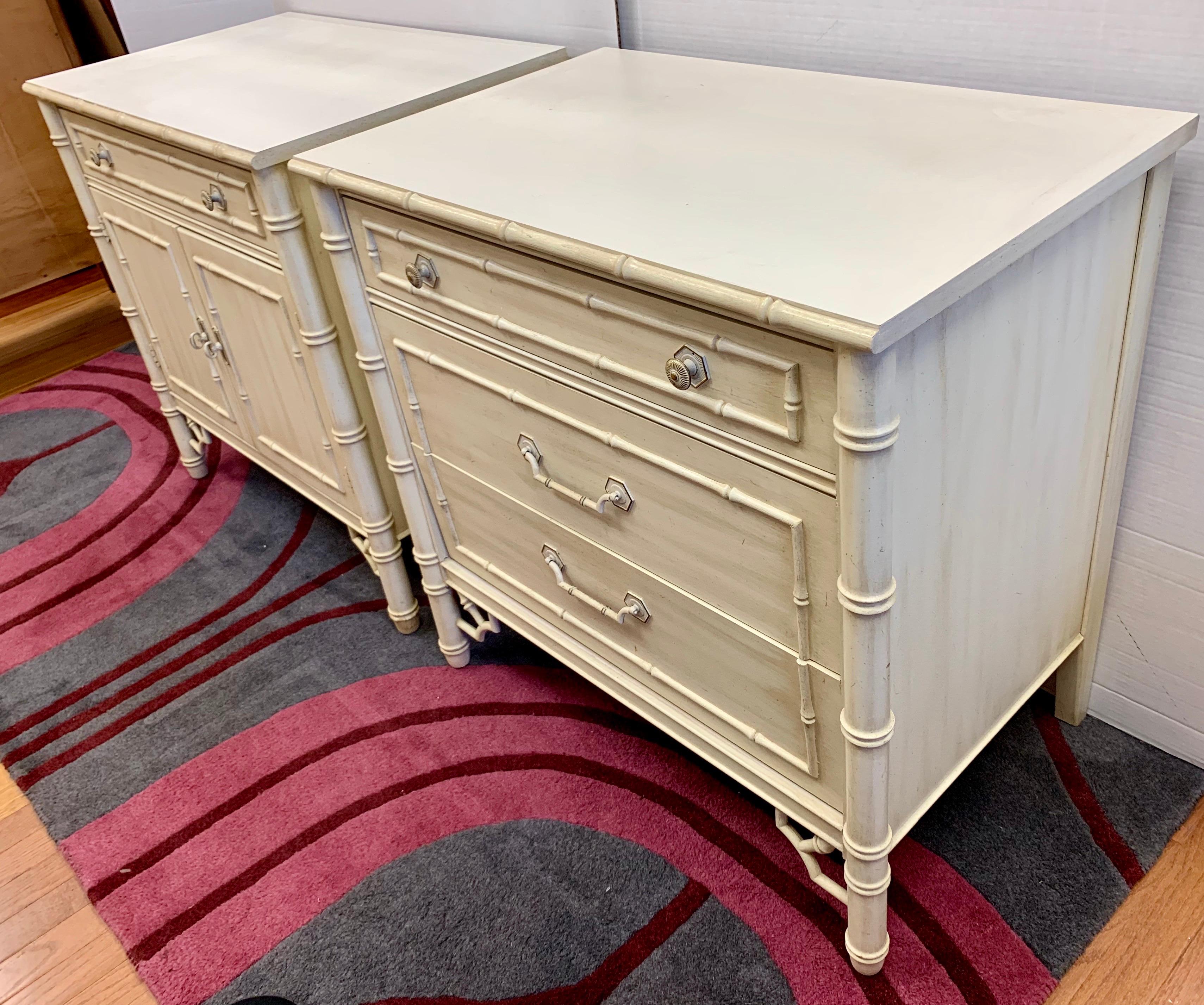 Vintage faux bamboo nightstands, cabinets an off white finish. Both have separate bookcase or top cabinet with shelves that rest on bottom piece. Measures: Height with top piece is 80” H.