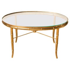 Mid-Century Faux Bamboo Oval Brass Table with Glass Top, C 1950