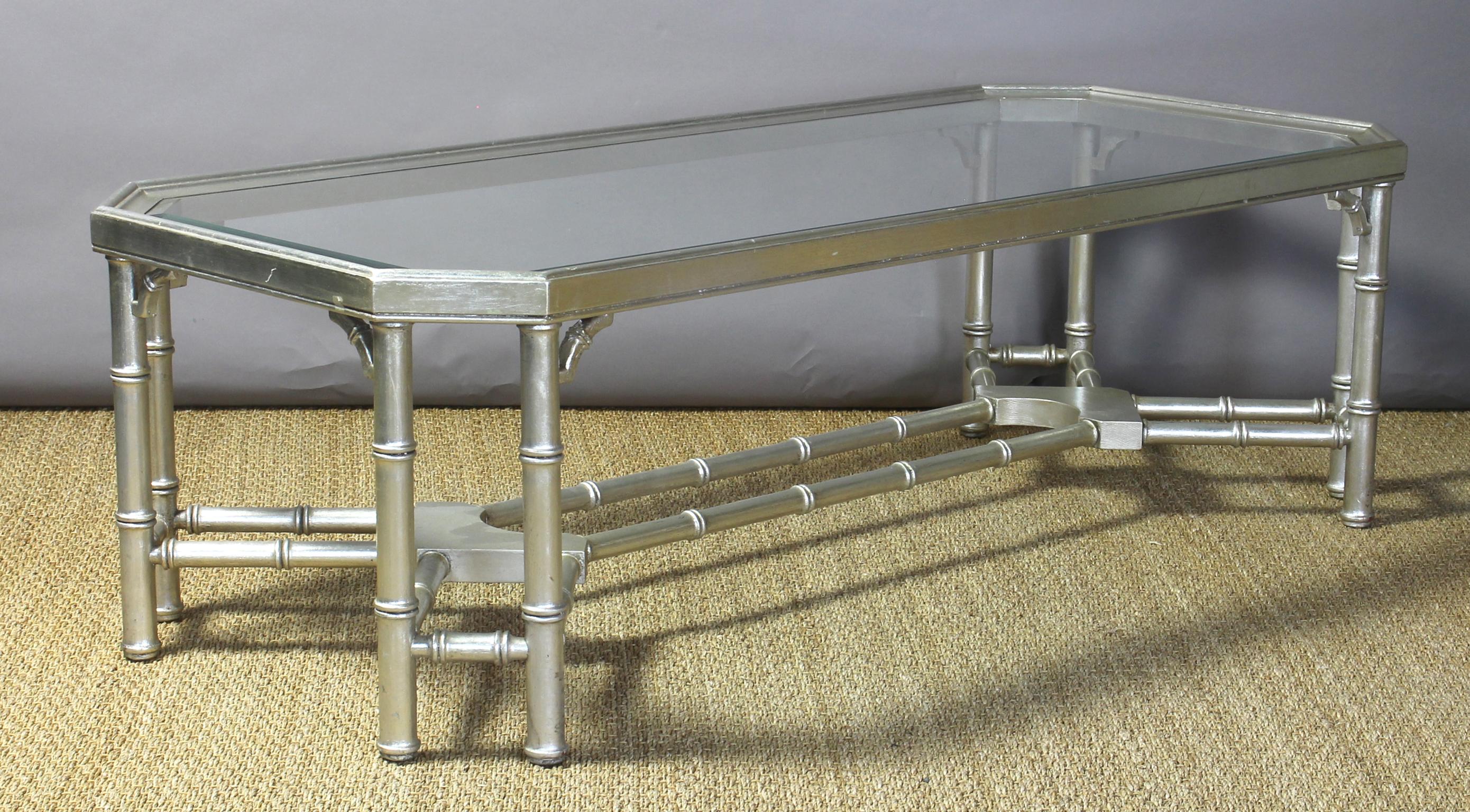 Hollywood Regency Midcentury Faux Bamboo Silver Leaf Cocktail Table For Sale
