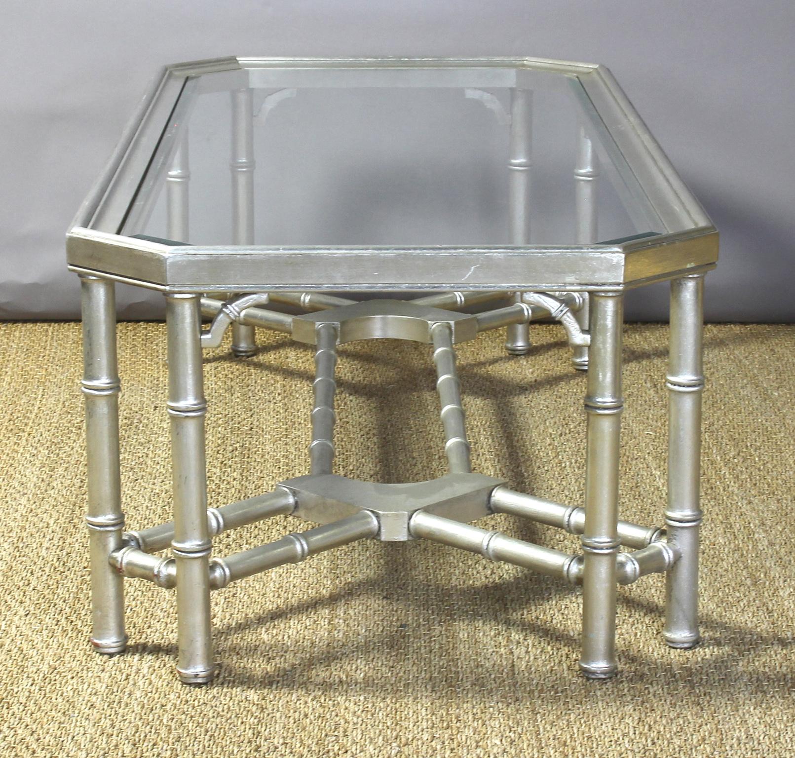 American Midcentury Faux Bamboo Silver Leaf Cocktail Table For Sale