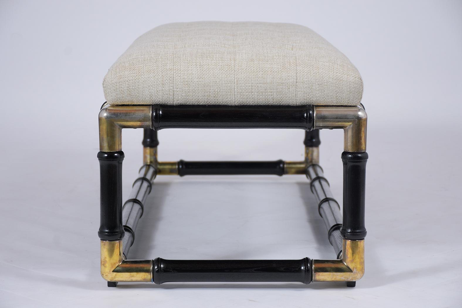 Mid-Century Ebonized Lacquer Bench with Bamboo Carving & Beige Tufted Upholstery 3