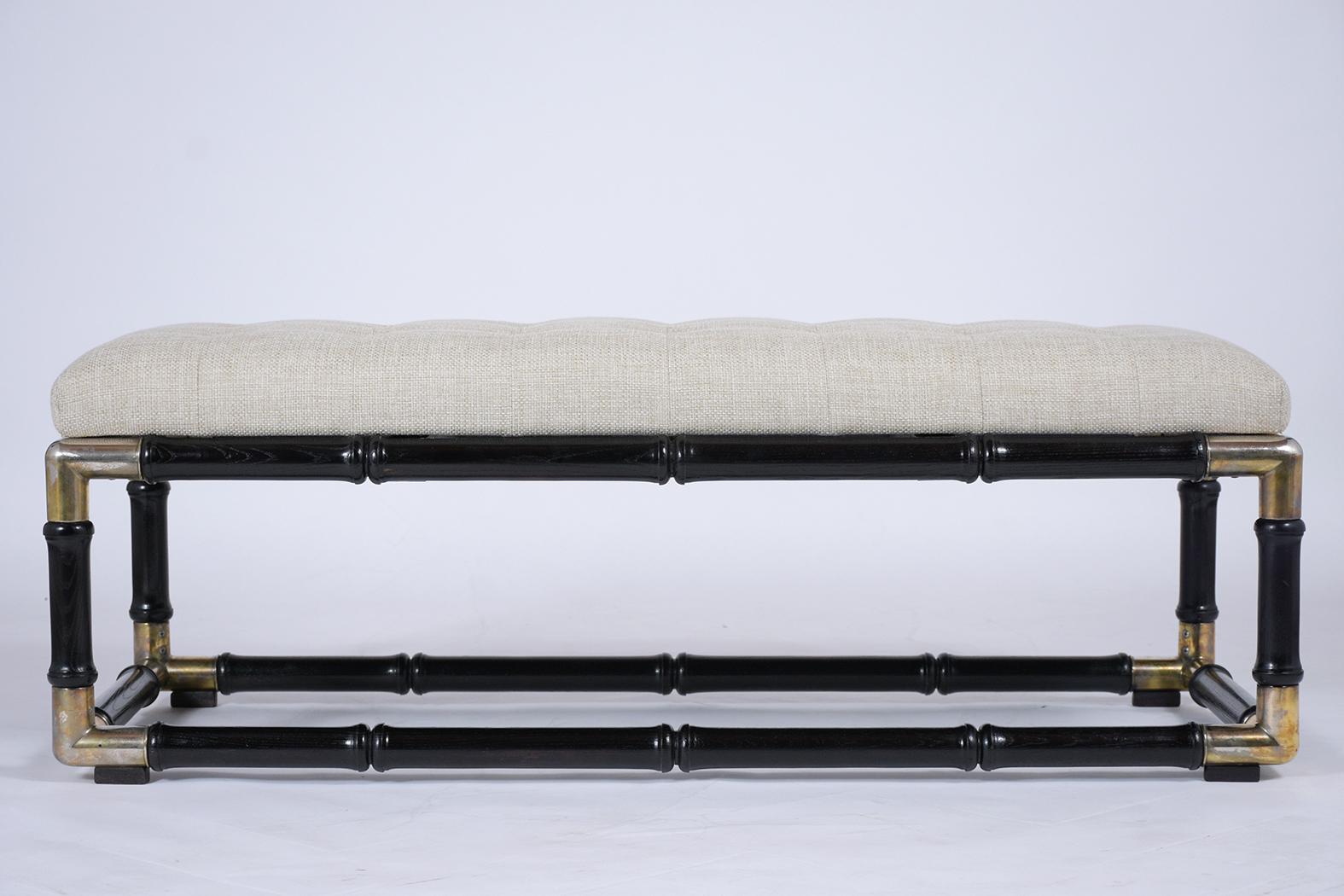 Mid-Century Modern Mid-Century Ebonized Lacquer Bench with Bamboo Carving & Beige Tufted Upholstery