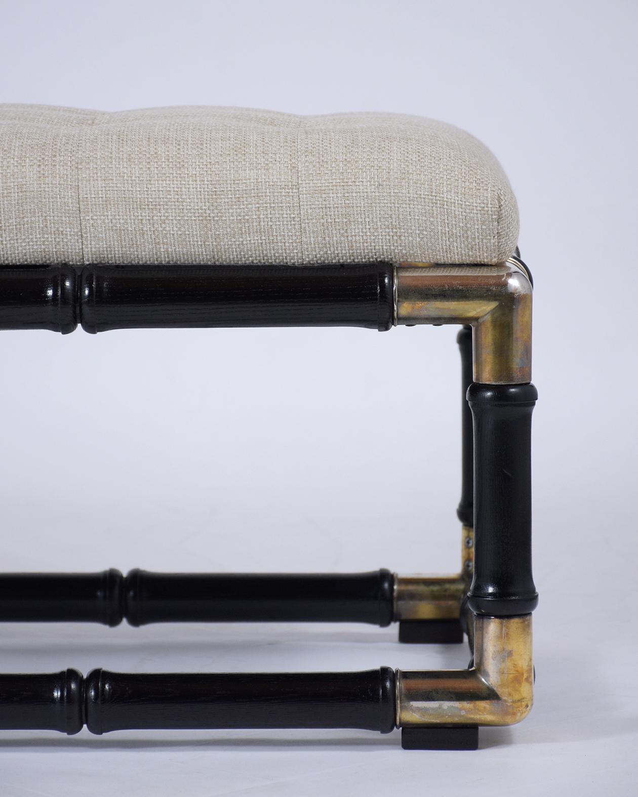 American Mid-Century Ebonized Lacquer Bench with Bamboo Carving & Beige Tufted Upholstery