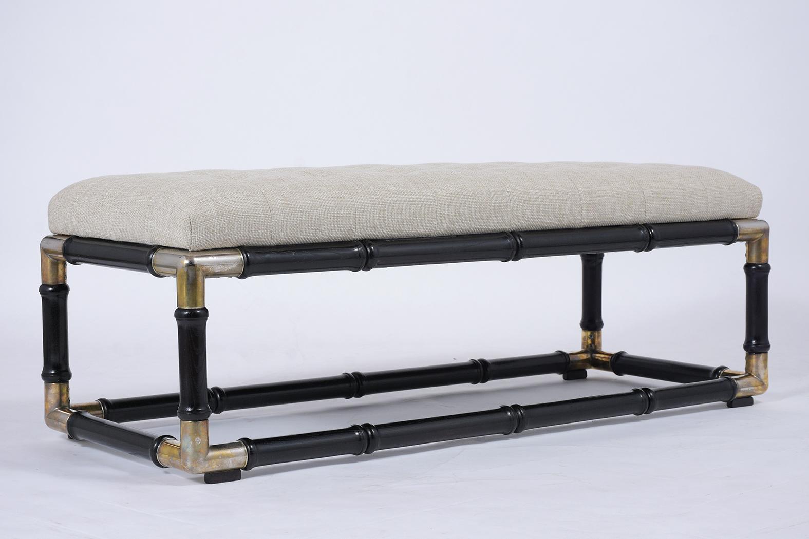 Mid-Century Ebonized Lacquer Bench with Bamboo Carving & Beige Tufted Upholstery In Good Condition In Los Angeles, CA