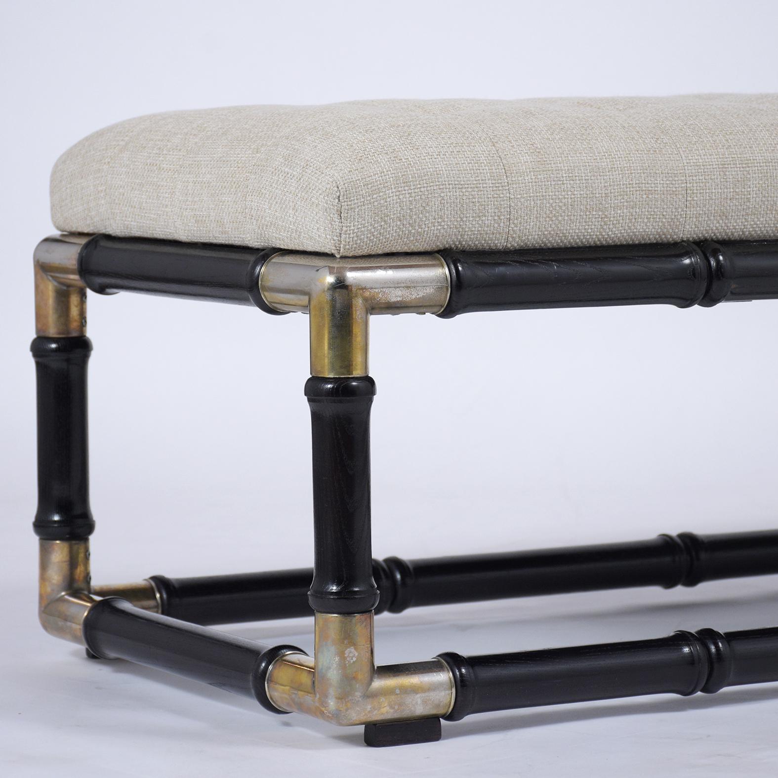 Late 20th Century Mid-Century Ebonized Lacquer Bench with Bamboo Carving & Beige Tufted Upholstery