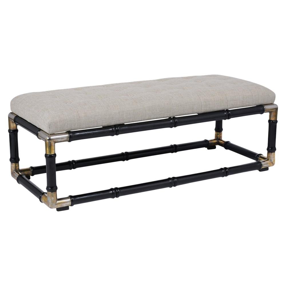 Mid-Century Ebonized Lacquer Bench with Bamboo Carving & Beige Tufted Upholstery