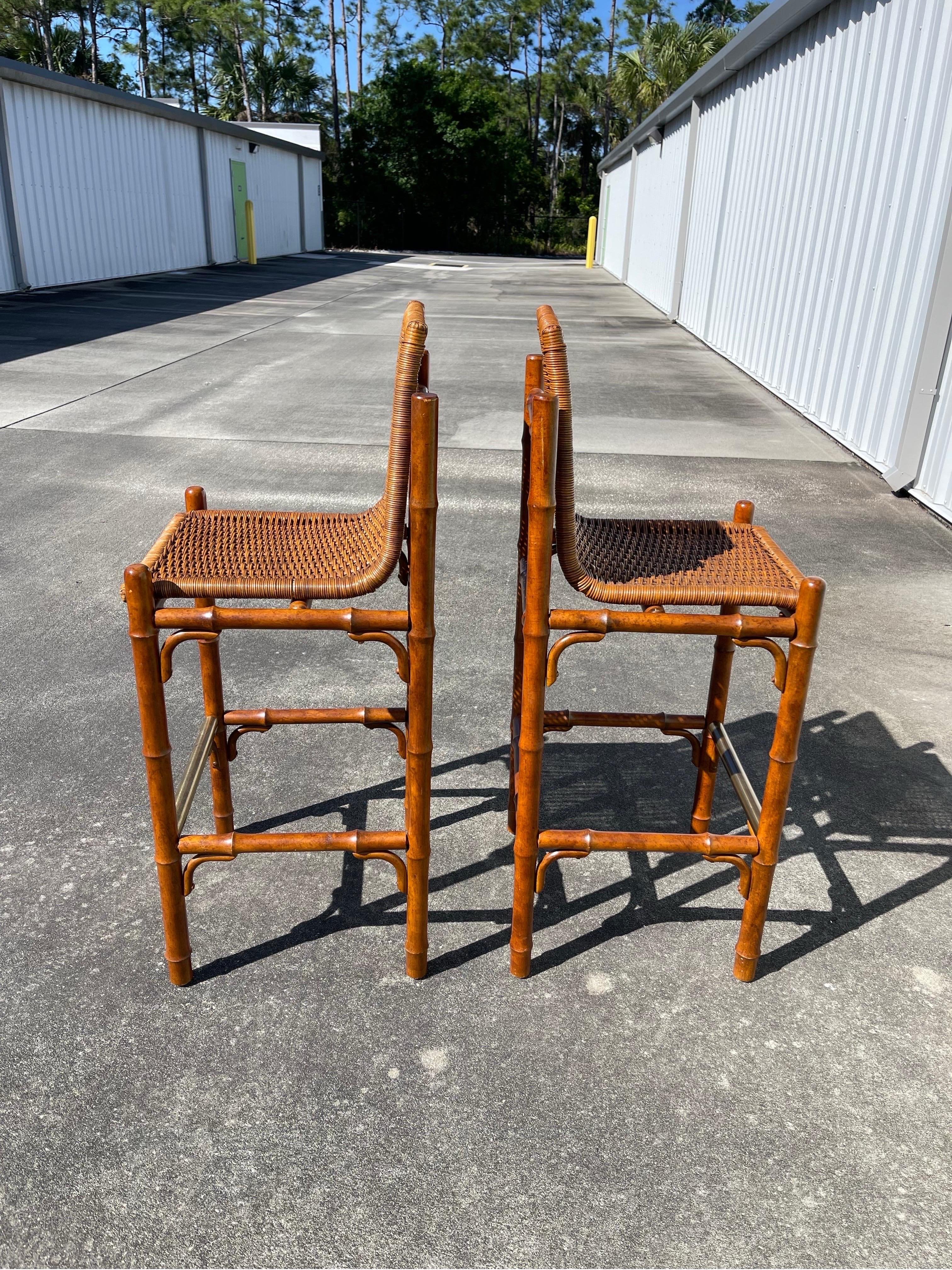 Mid-Century Faux Bamboo Wicker Barstools, a Pair In Good Condition For Sale In Jensen Beach, FL