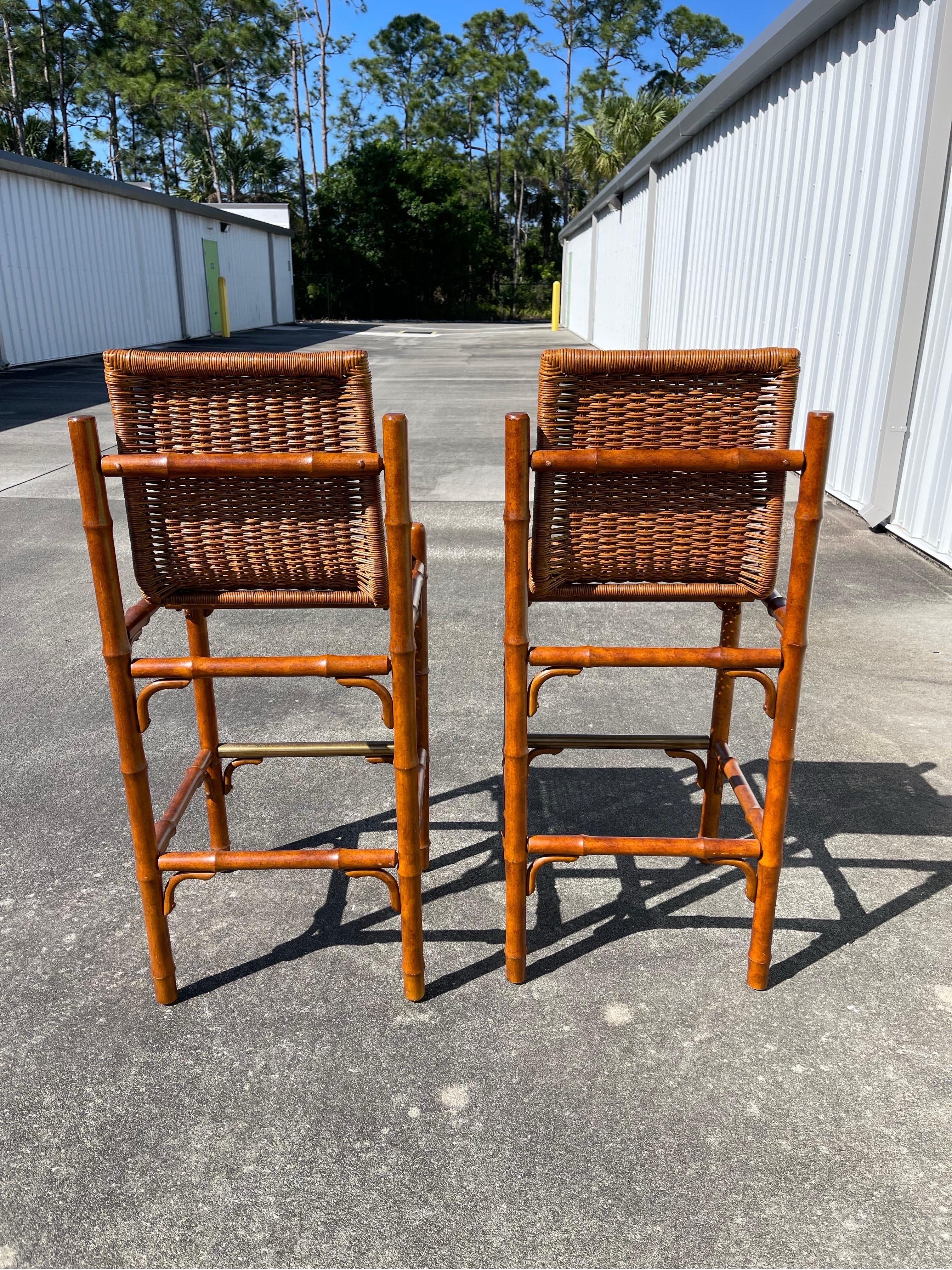 20th Century Mid-Century Faux Bamboo Wicker Barstools, a Pair For Sale