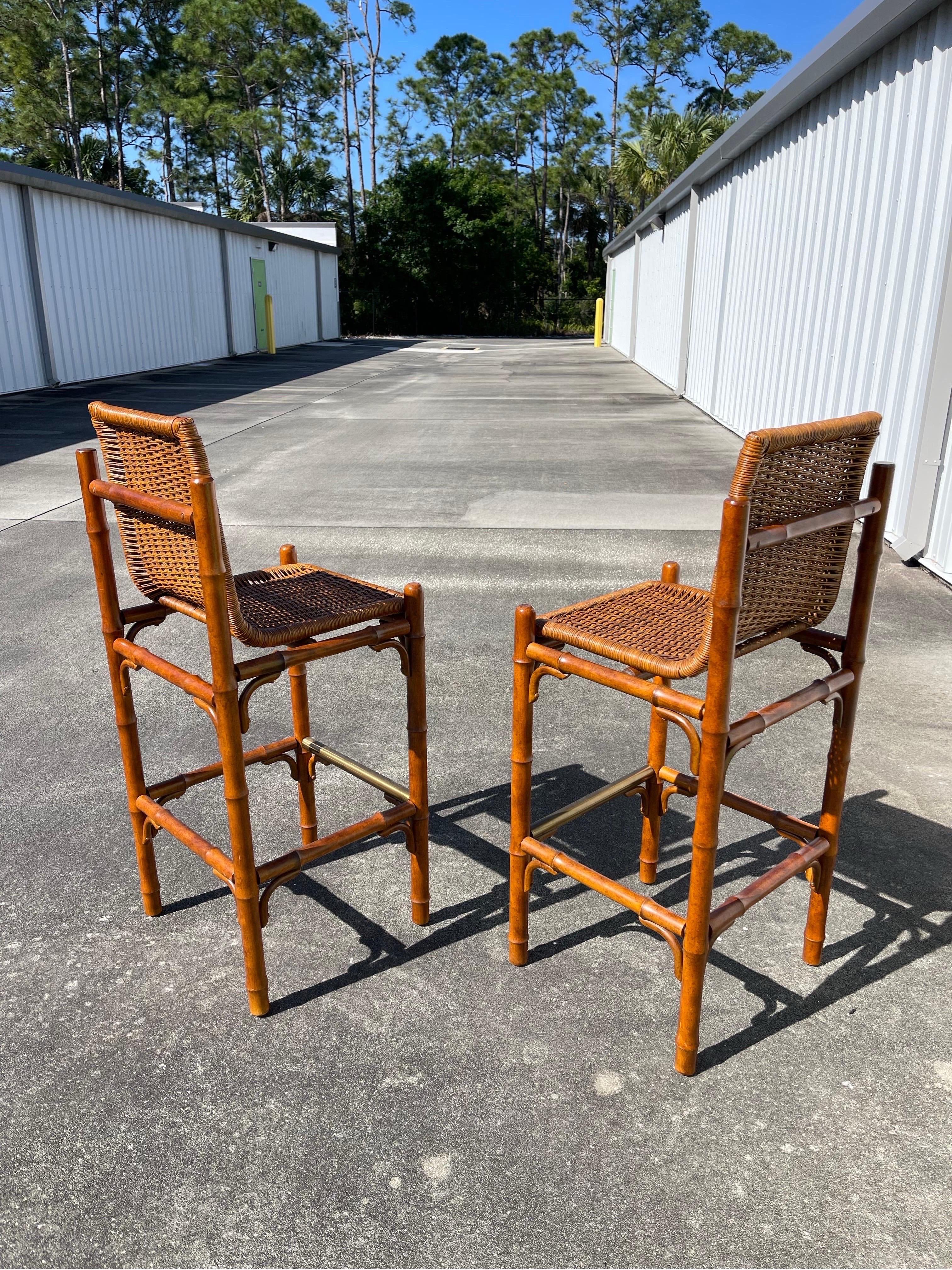 Mid-Century Faux Bamboo Wicker Barstools, a Pair For Sale 1