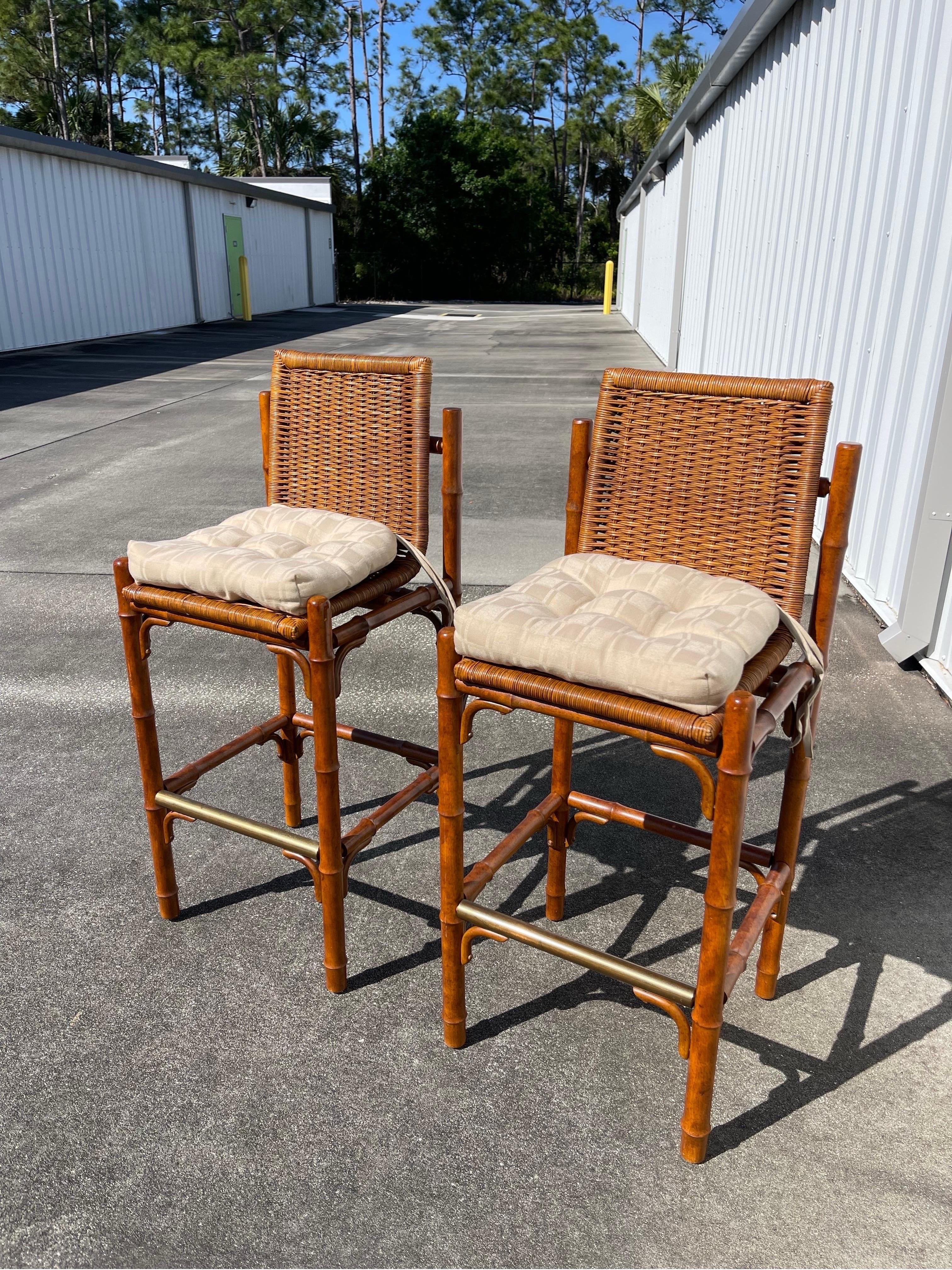 Mid-Century Faux Bamboo Wicker Barstools, a Pair For Sale 5