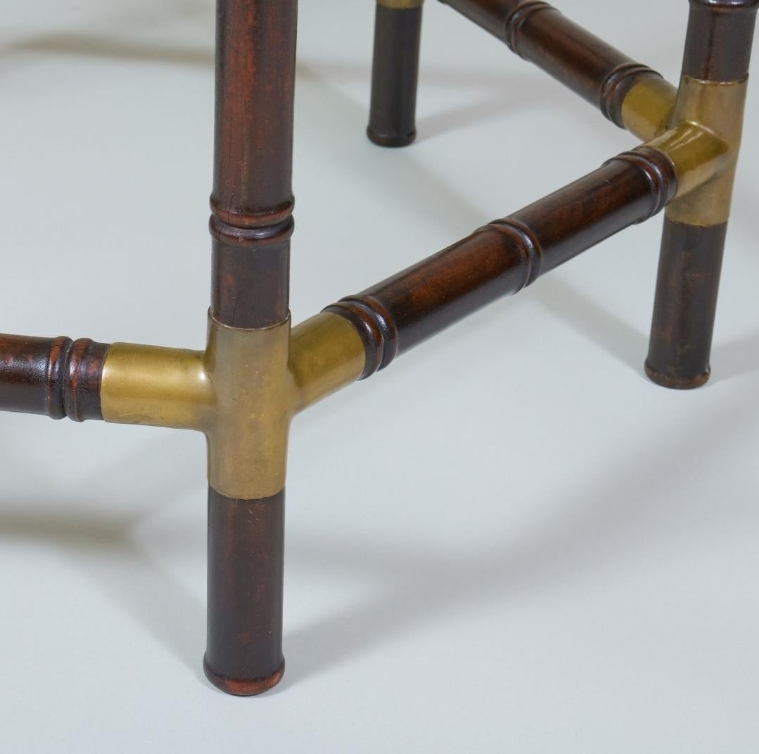 Hand-Crafted Mid Century Faux Bamboo With Brass Accent Table With Folding Chairs.