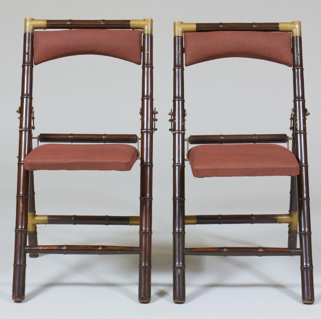 20th Century Mid Century Faux Bamboo With Brass Accent Table With Folding Chairs.
