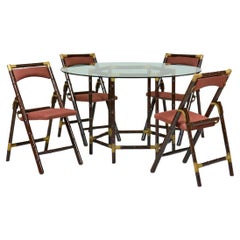 Mid Century Faux Bamboo With Brass Accent Table With Folding Chairs.