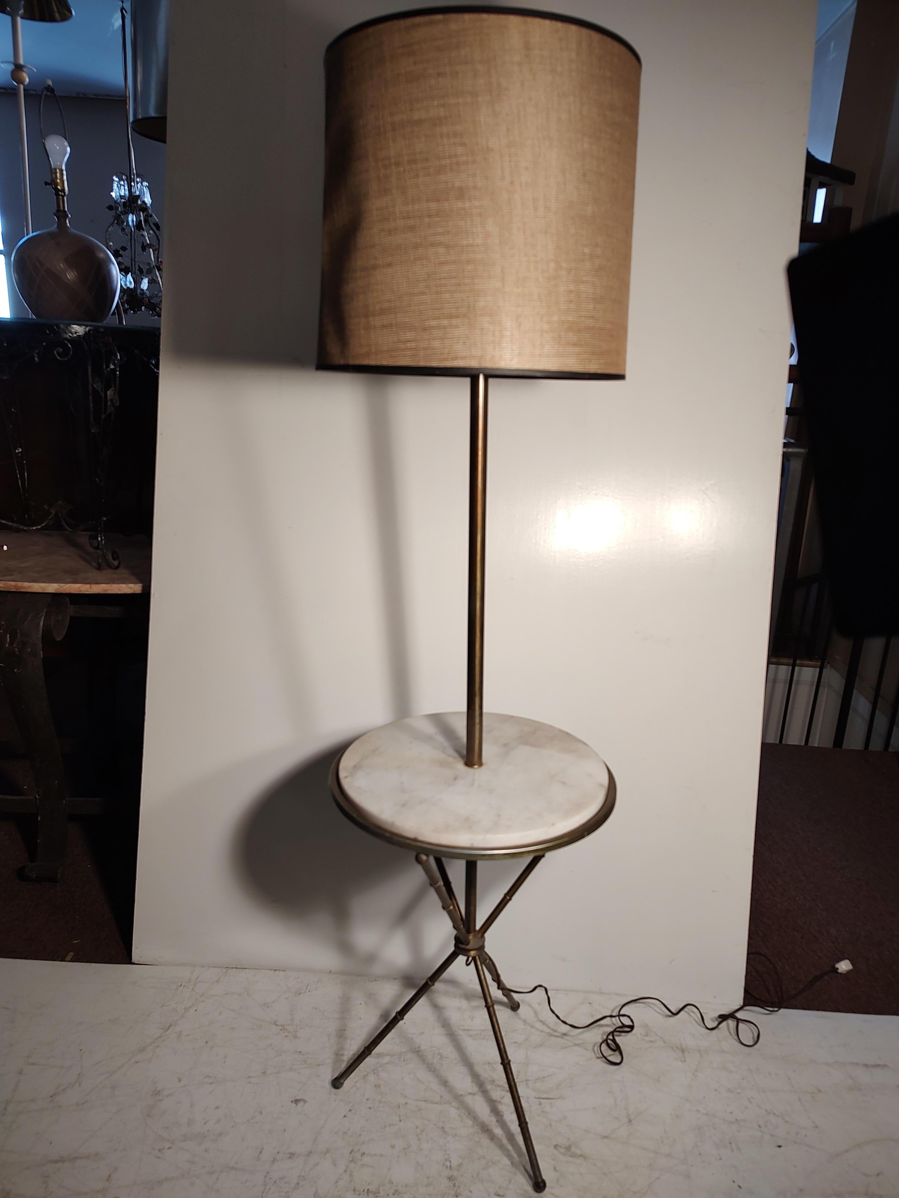 Brass Mid-Century Faux Bamboo with Carrara Marble Table Floor Lamp For Sale