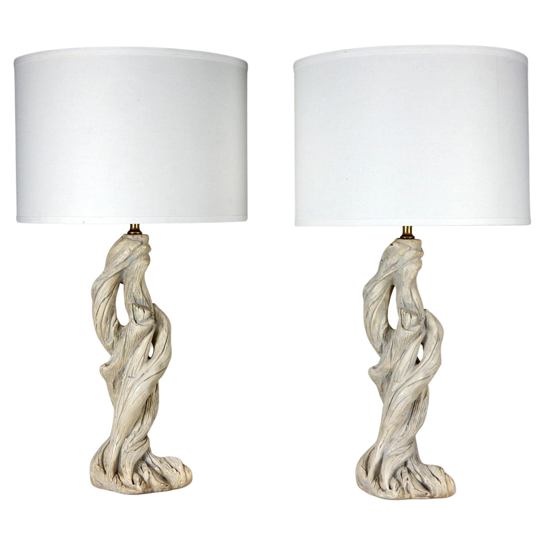 Lampes de table en plâtre et faux bois de style Serge Roche