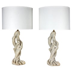 Serge Roche style Faux Bois Wood Plaster Table Lamps