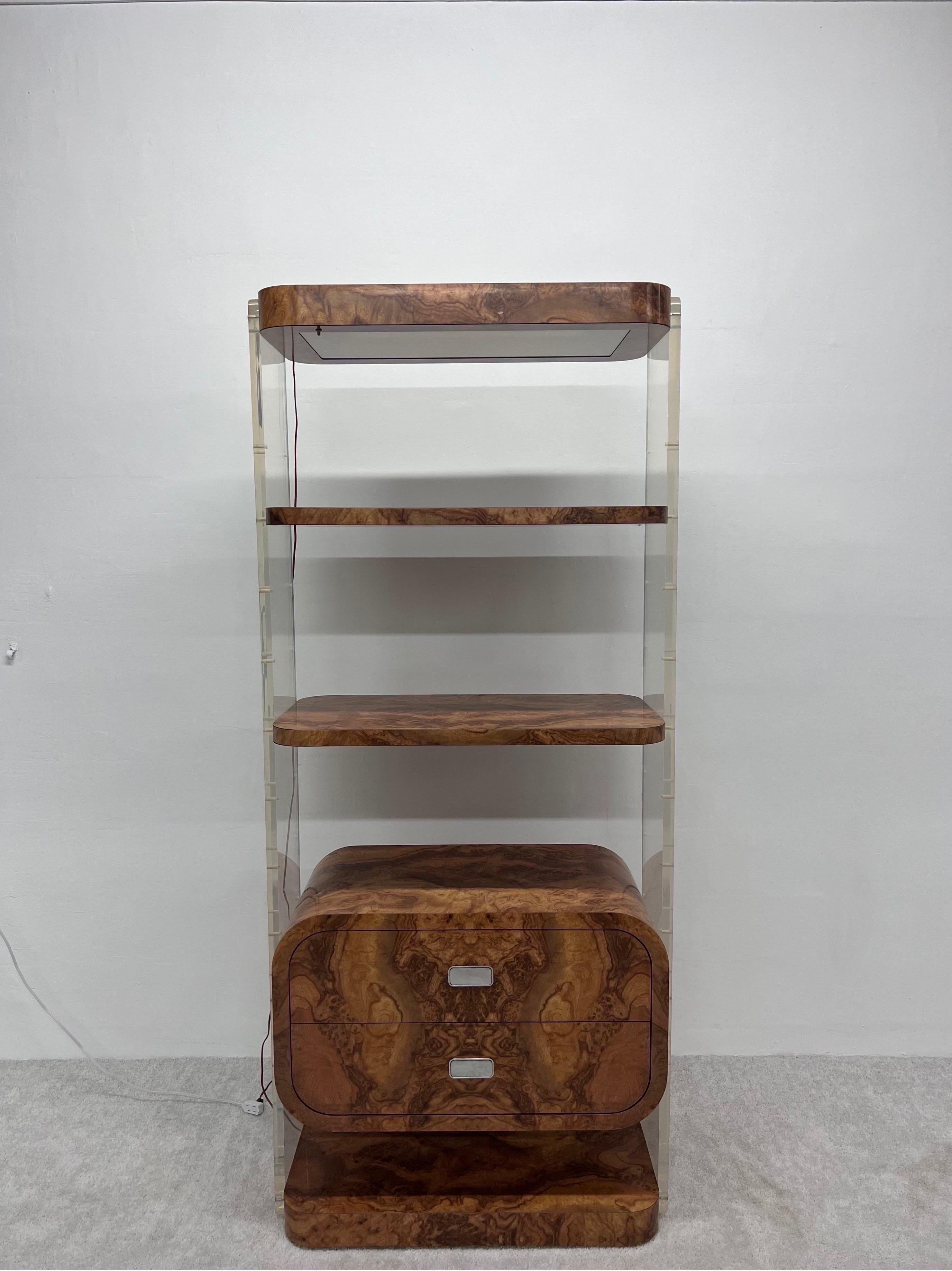 Mid-Century Faux Burlwood Veneer and Lucite Bookcase or Etagere, 1970s 5