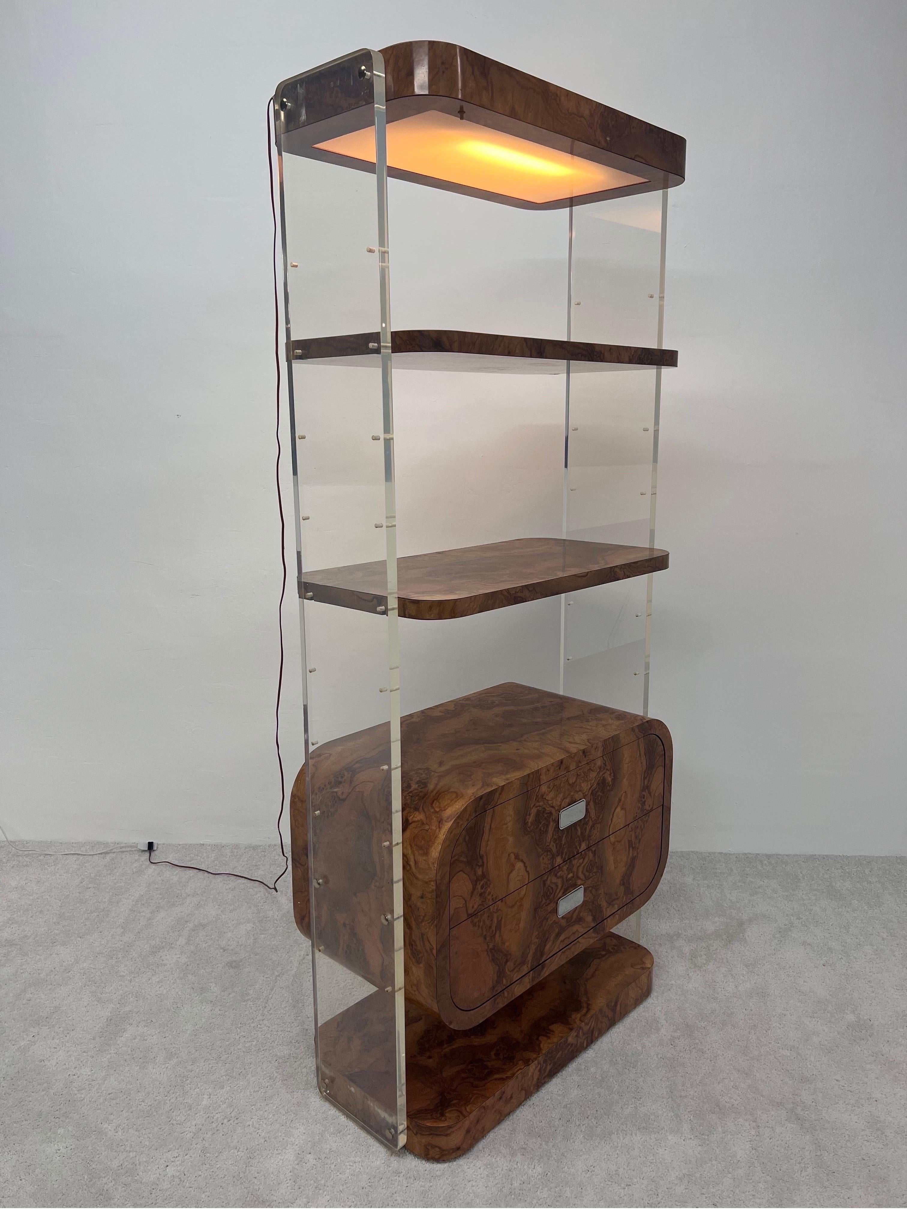 Lucite and faux burl wood veneer bookcase or etagere with adjustable shelves, two storage unit drawers and a canopy light. Lucite supports are one inch thick.
